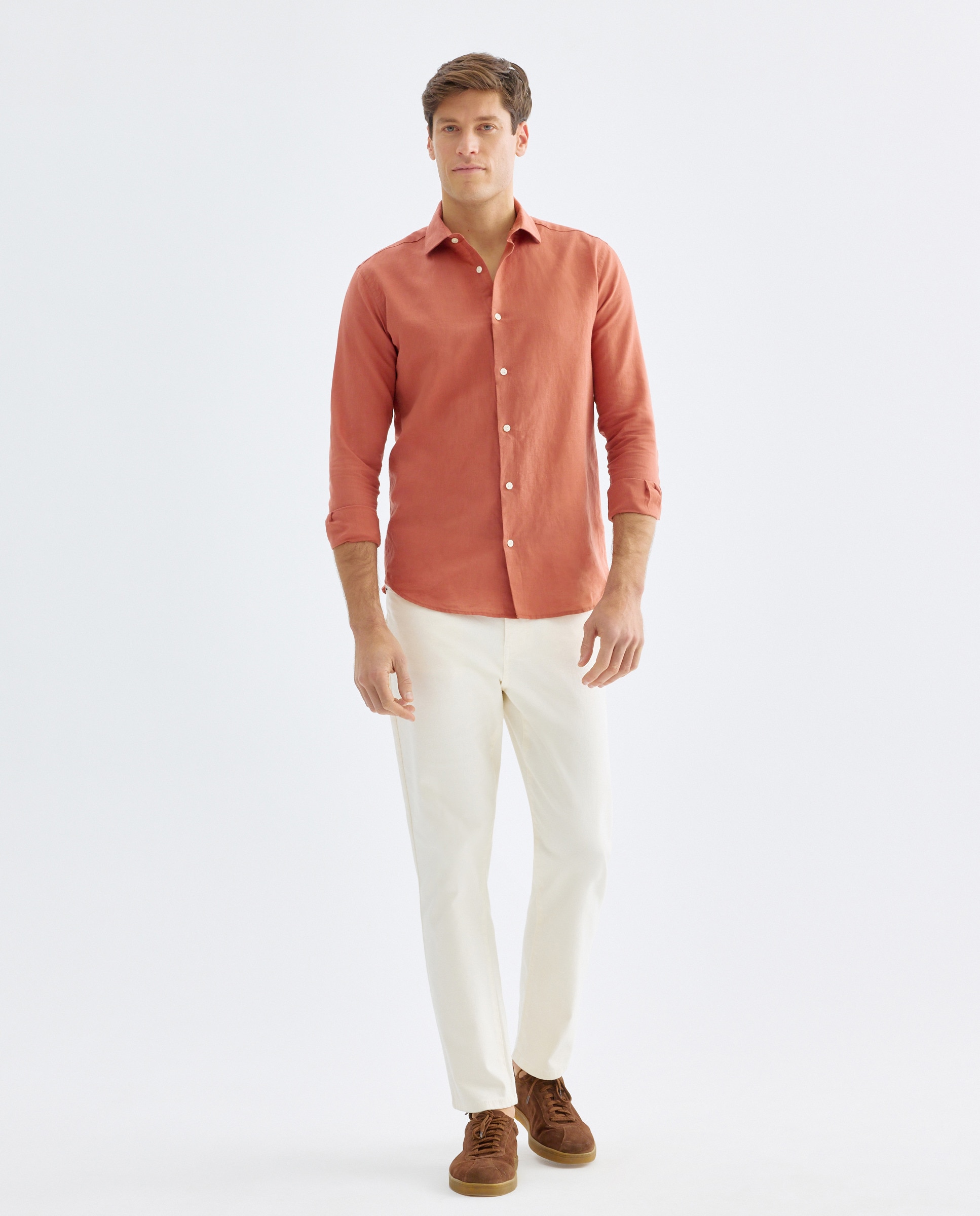 Camisa sport hombre lino y algodón lisa 600 Rojo-2