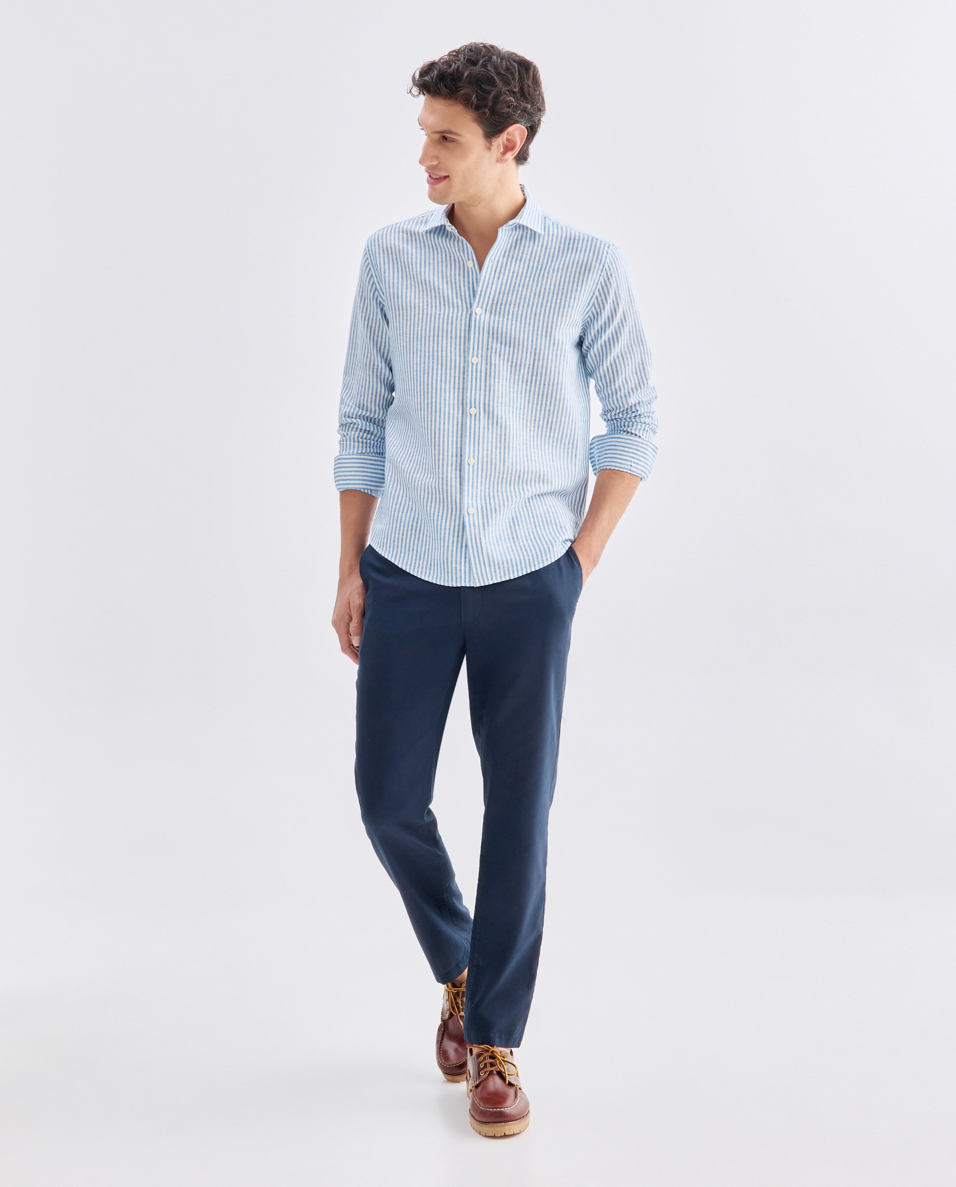 Camisa sport hombre lino y algodón rayas 430 Azul oscuro-2