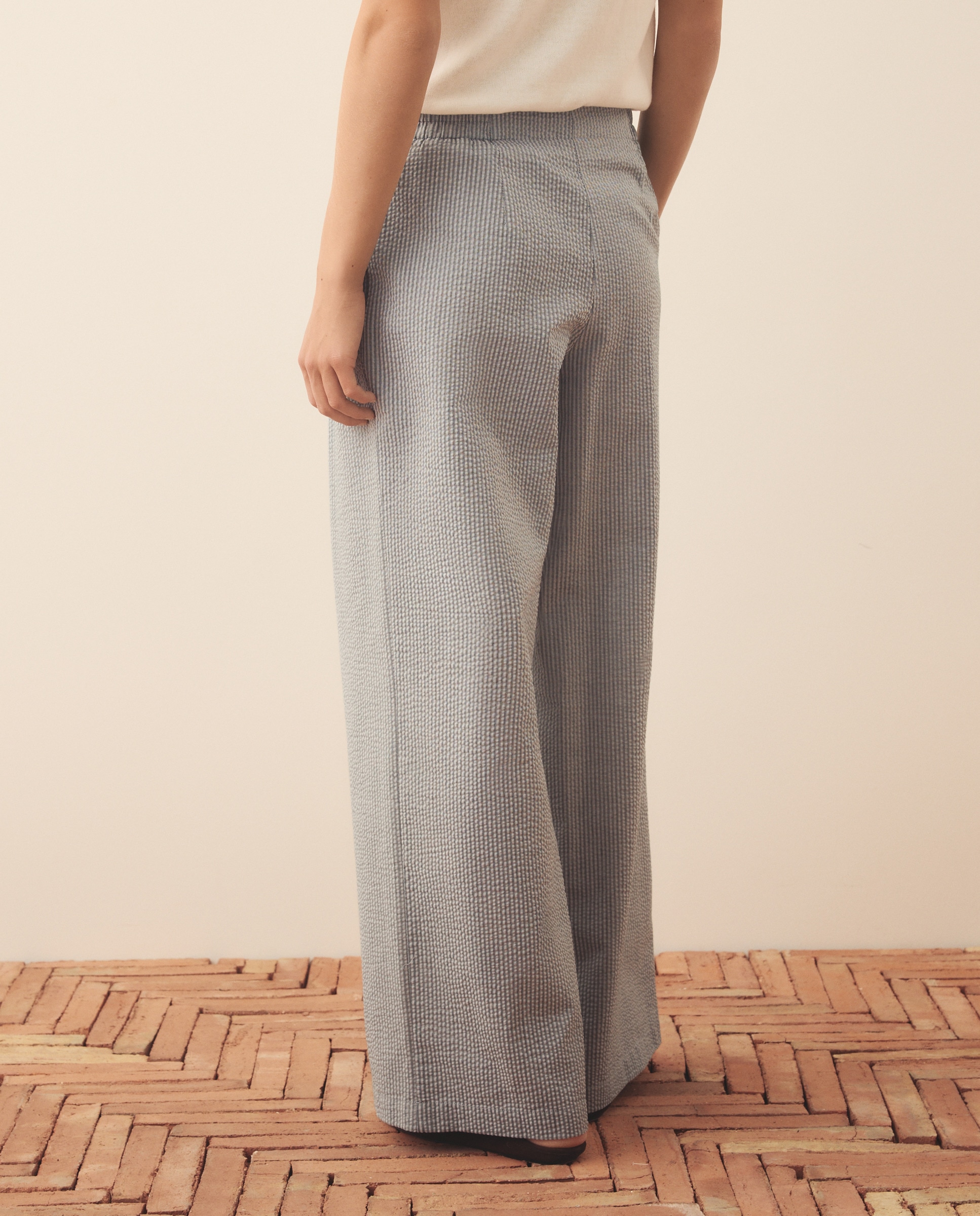 Calças Lisas em Seersucker com Elásticos Azul-3