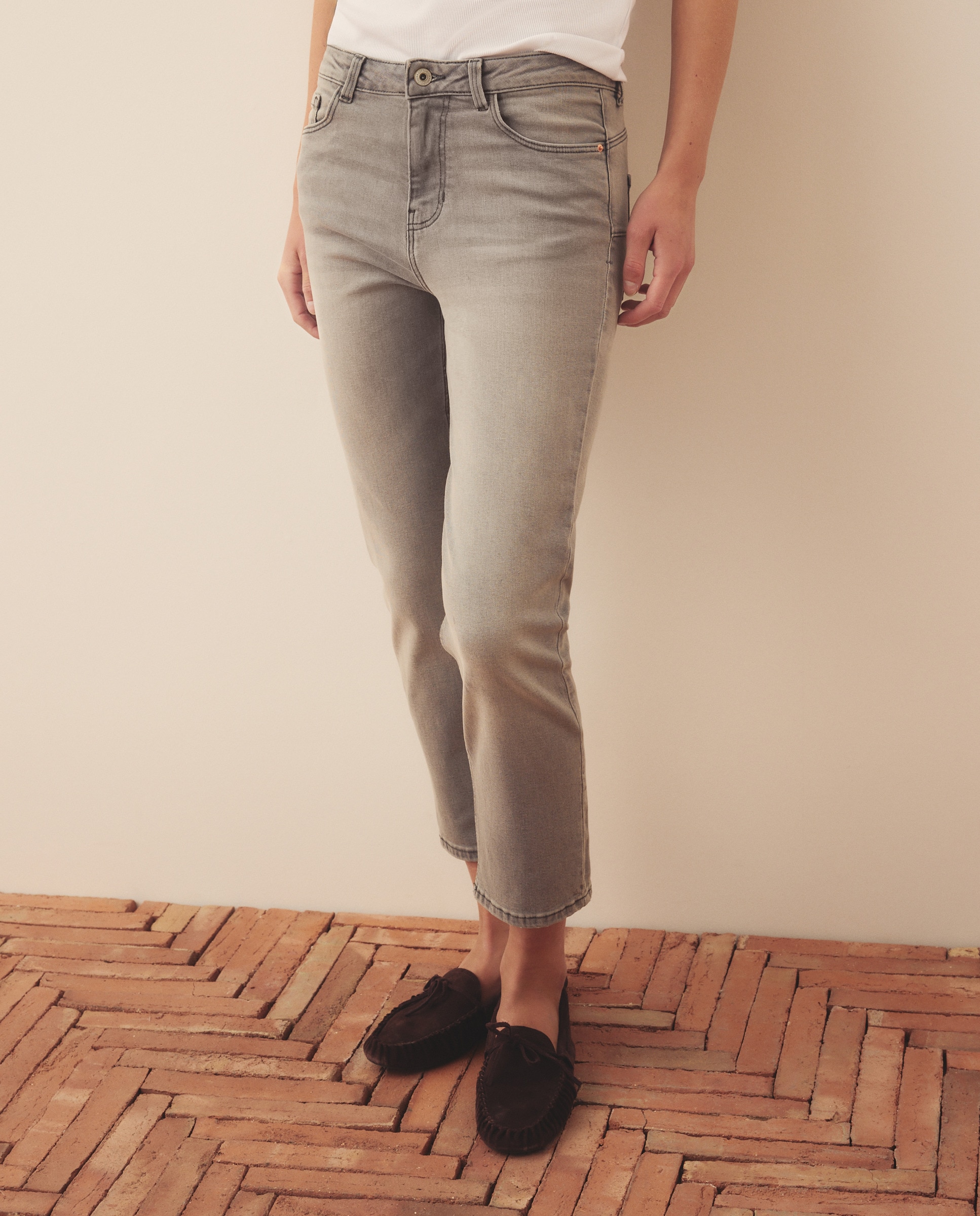 Jeans de Algodão Lisas 820 Cinzento Médio-2