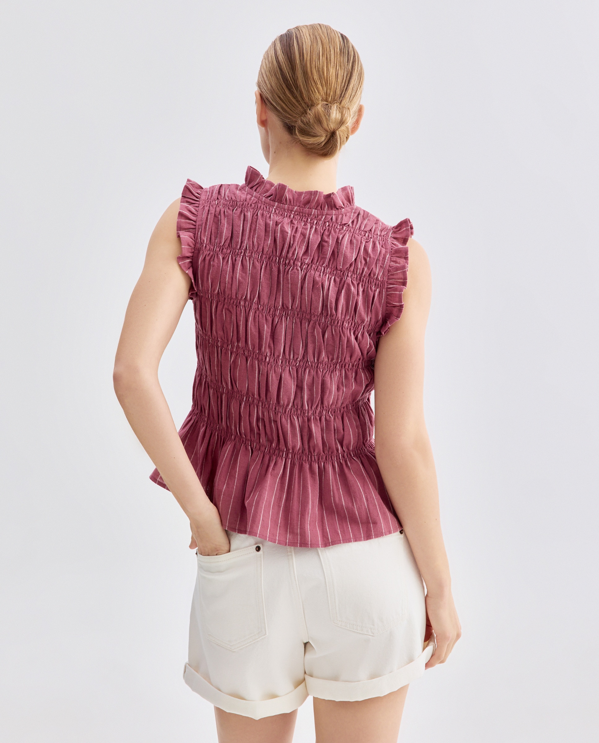 Blusa de mujer fruncida de rayas Rosa-3