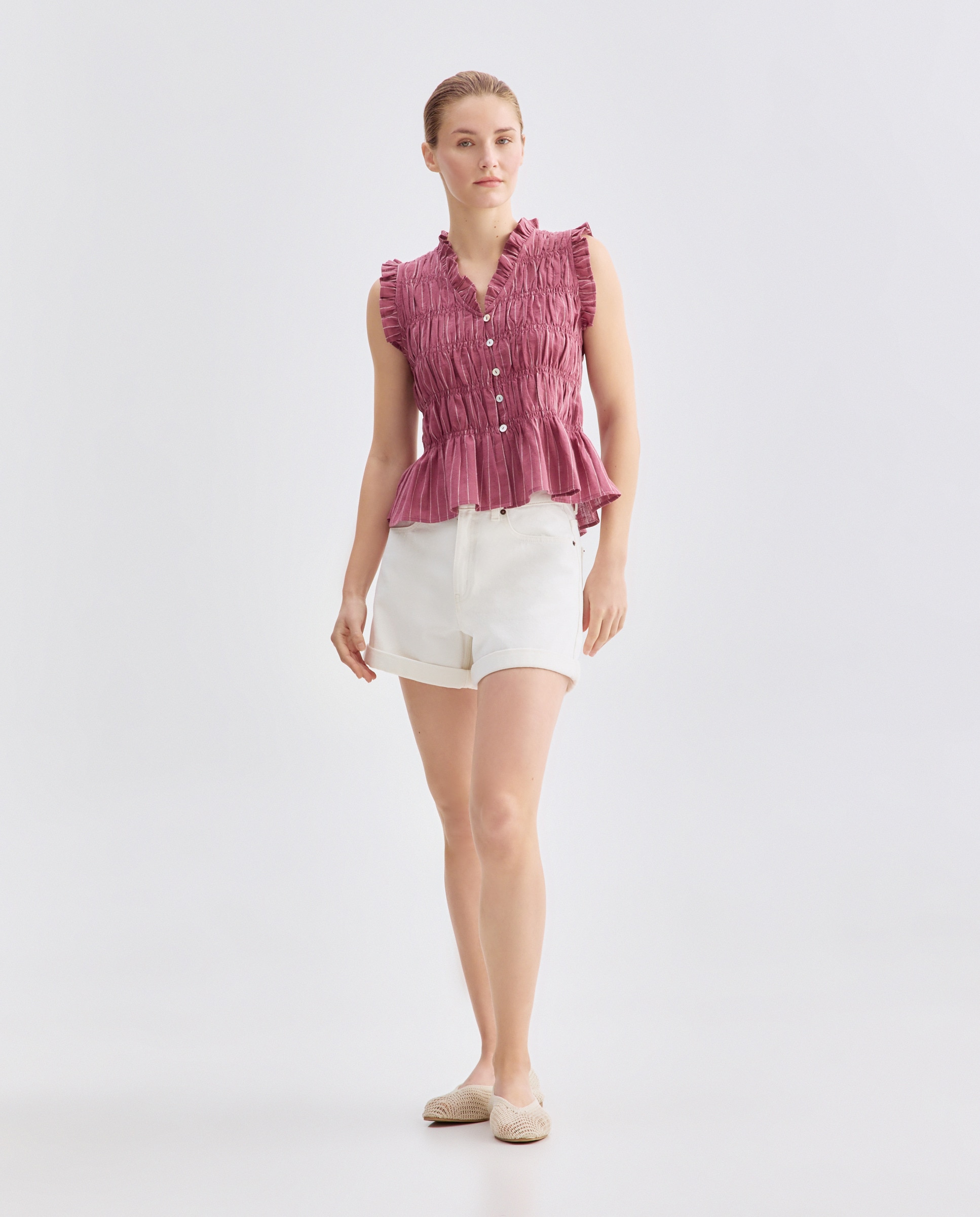 Blusa de mujer fruncida de rayas Rosa-2