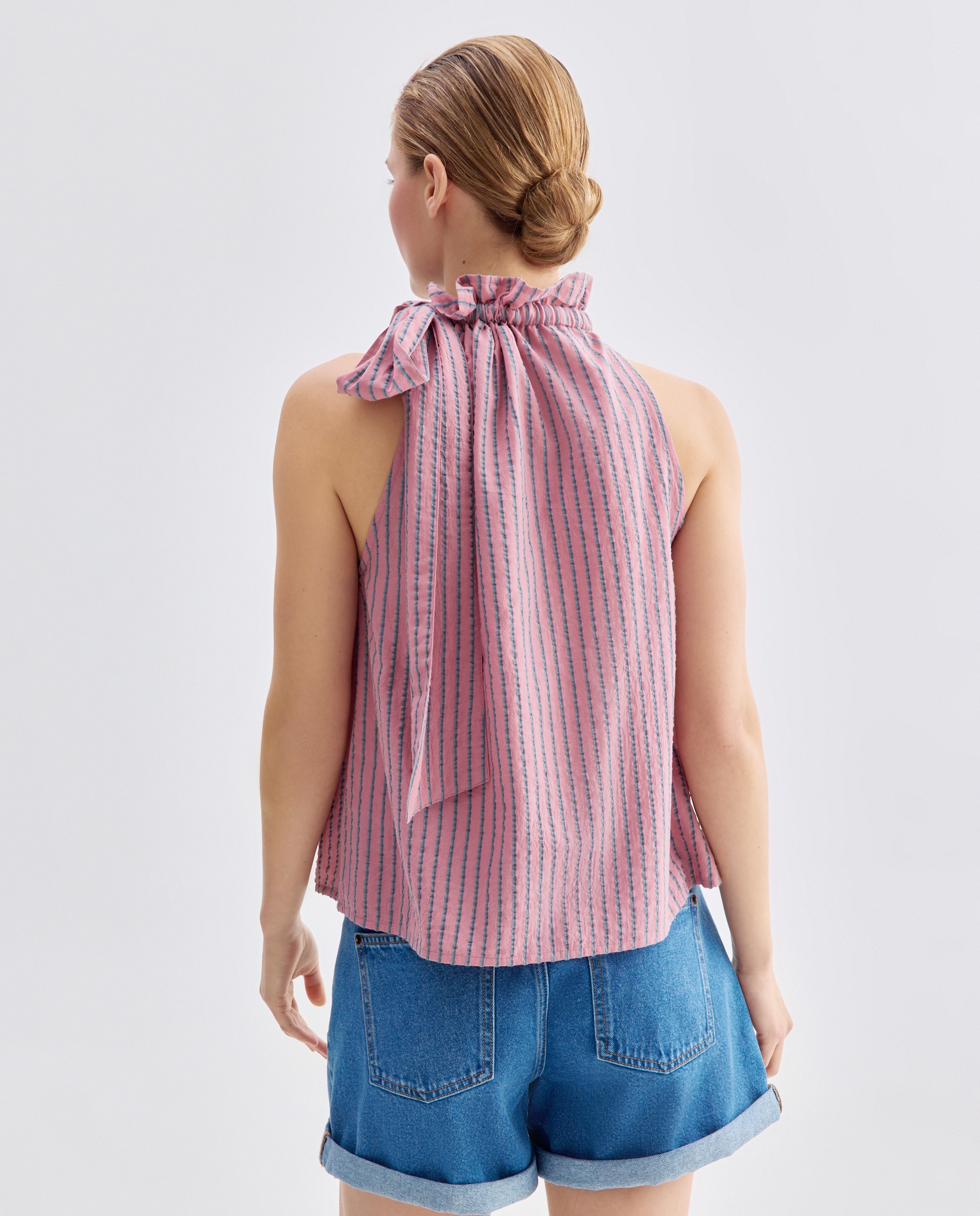Blusa de mujer lazada de rayas total look Rosa-4