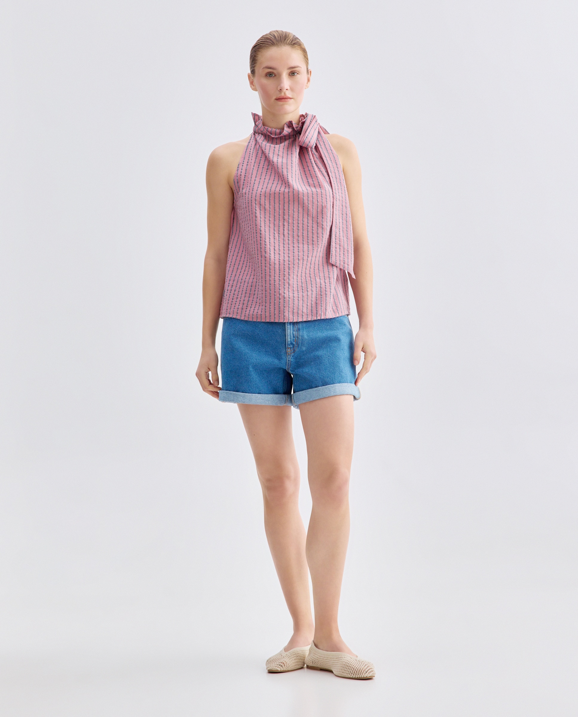 Blusa de mujer lazada de rayas total look Rosa-2
