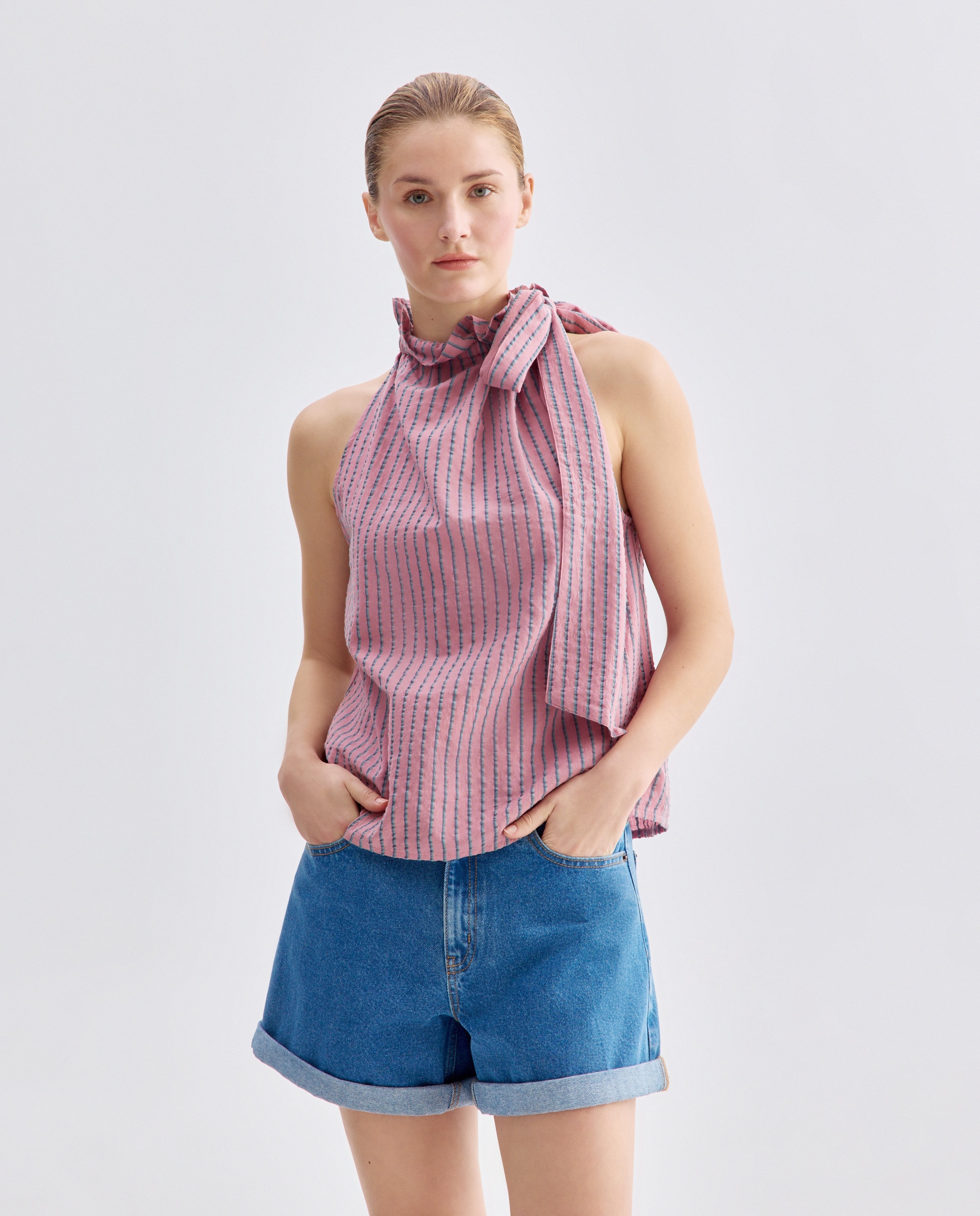 Imagen 0 de Blusa de mujer lazada de rayas total look