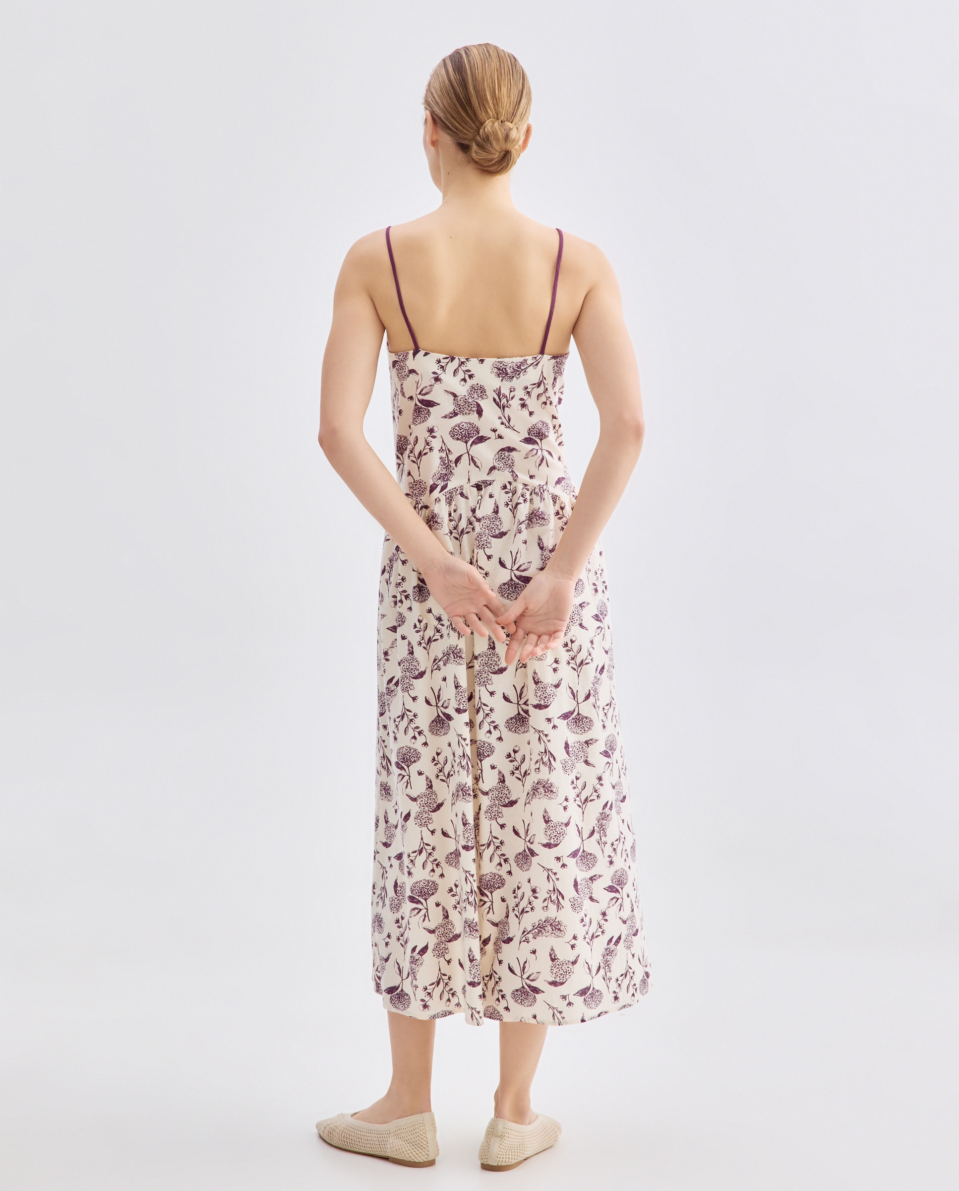 Vestido de mujer de flores con lino Marrón-3