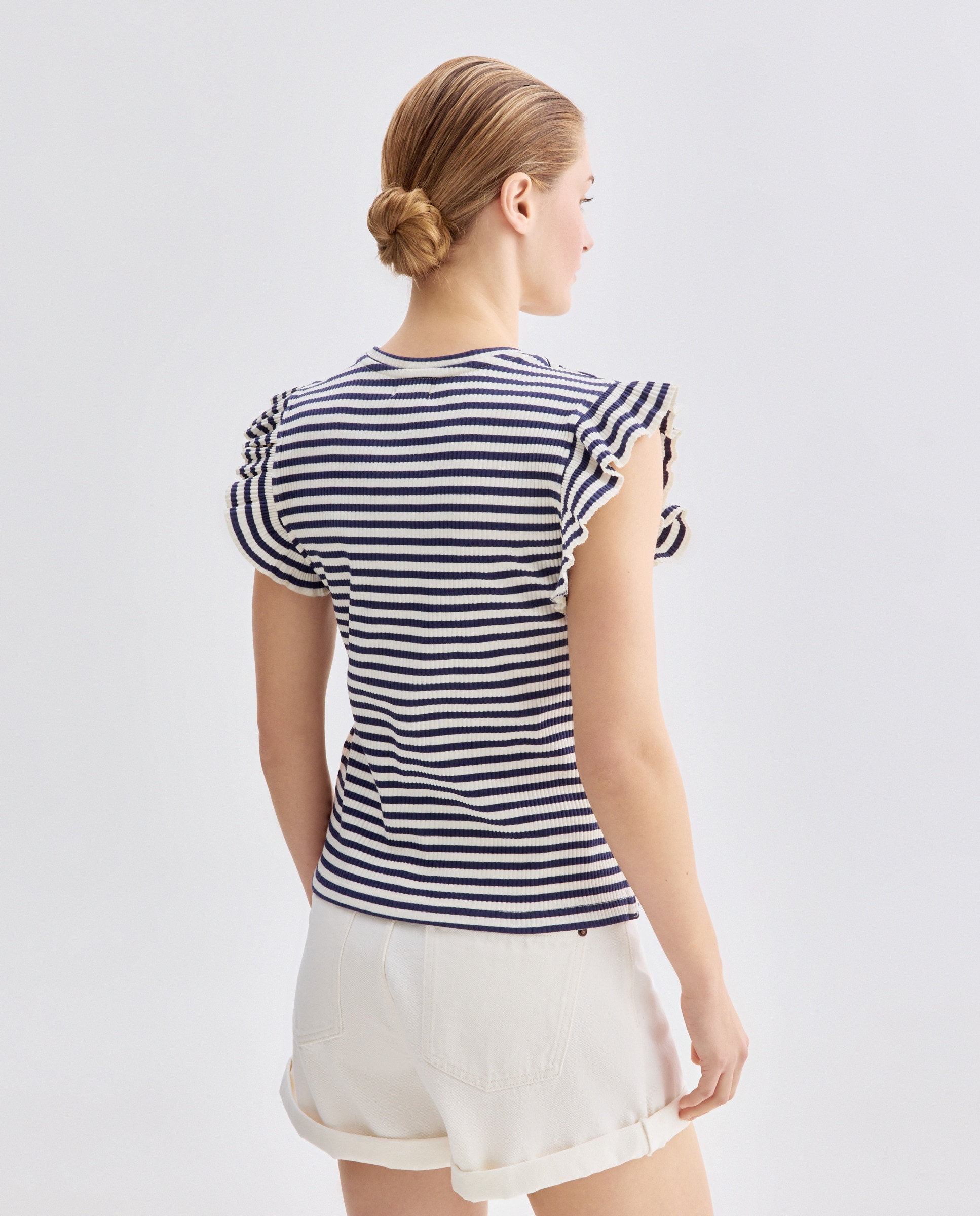 Camiseta de mujer cuello caja canalé manga volantes Azul-3