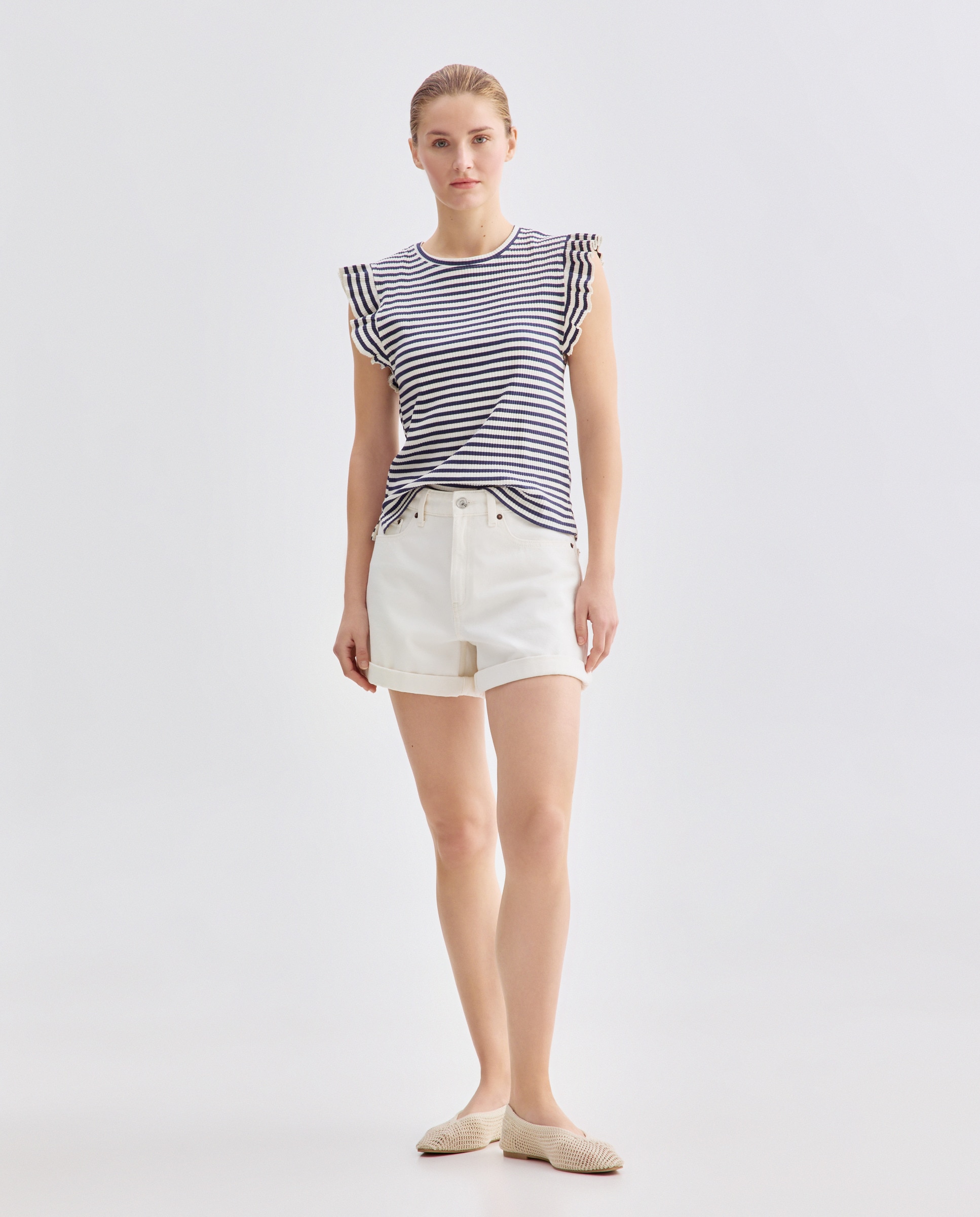 Camiseta de mujer cuello caja canalé manga volantes Azul-2