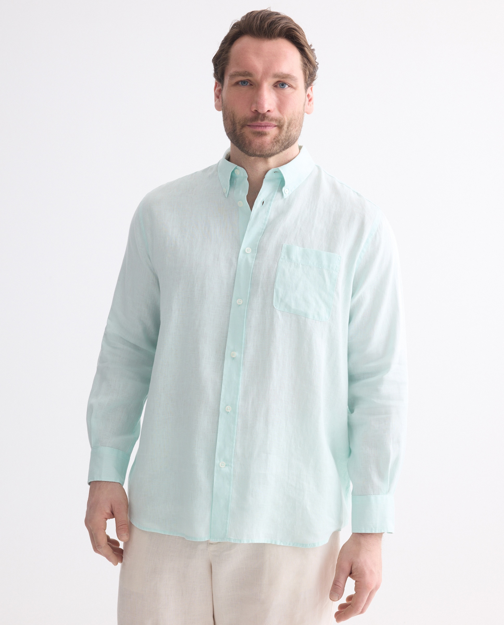 Camisa Casual Tamanhos Grandes 100% Linho Classic Fit com Manga Comprida Rosa-claro-1