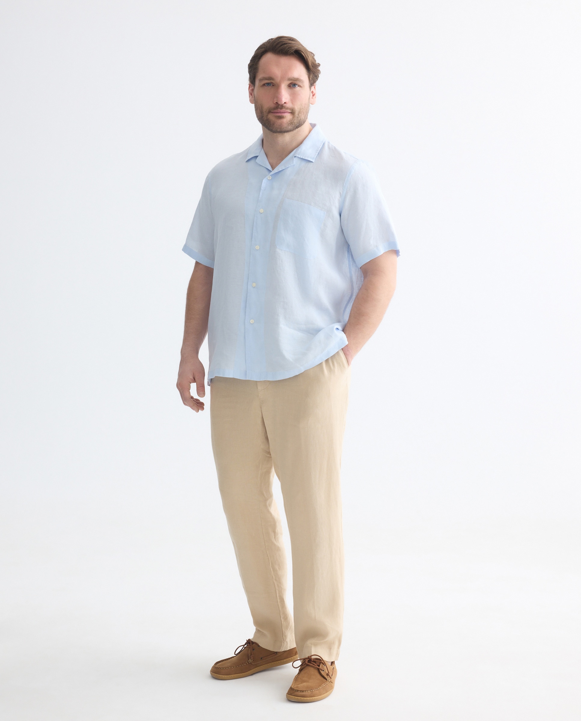 Camisa de Linho com Manga Curta Tamanhos Grandes Azul-2