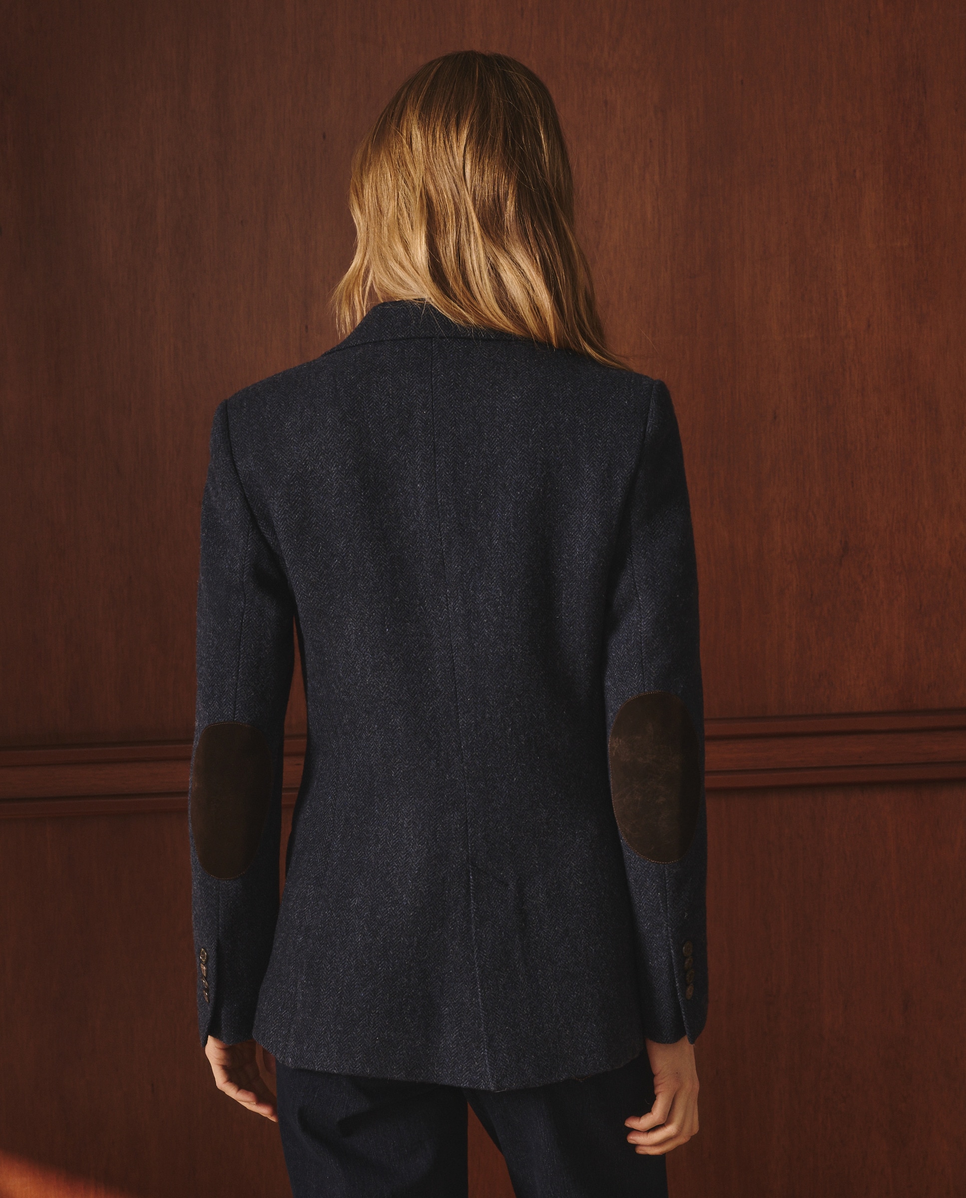 Blazer de Lã com Padrão Espinha de Peixe e Cotoveleiras Azul-marinho-3