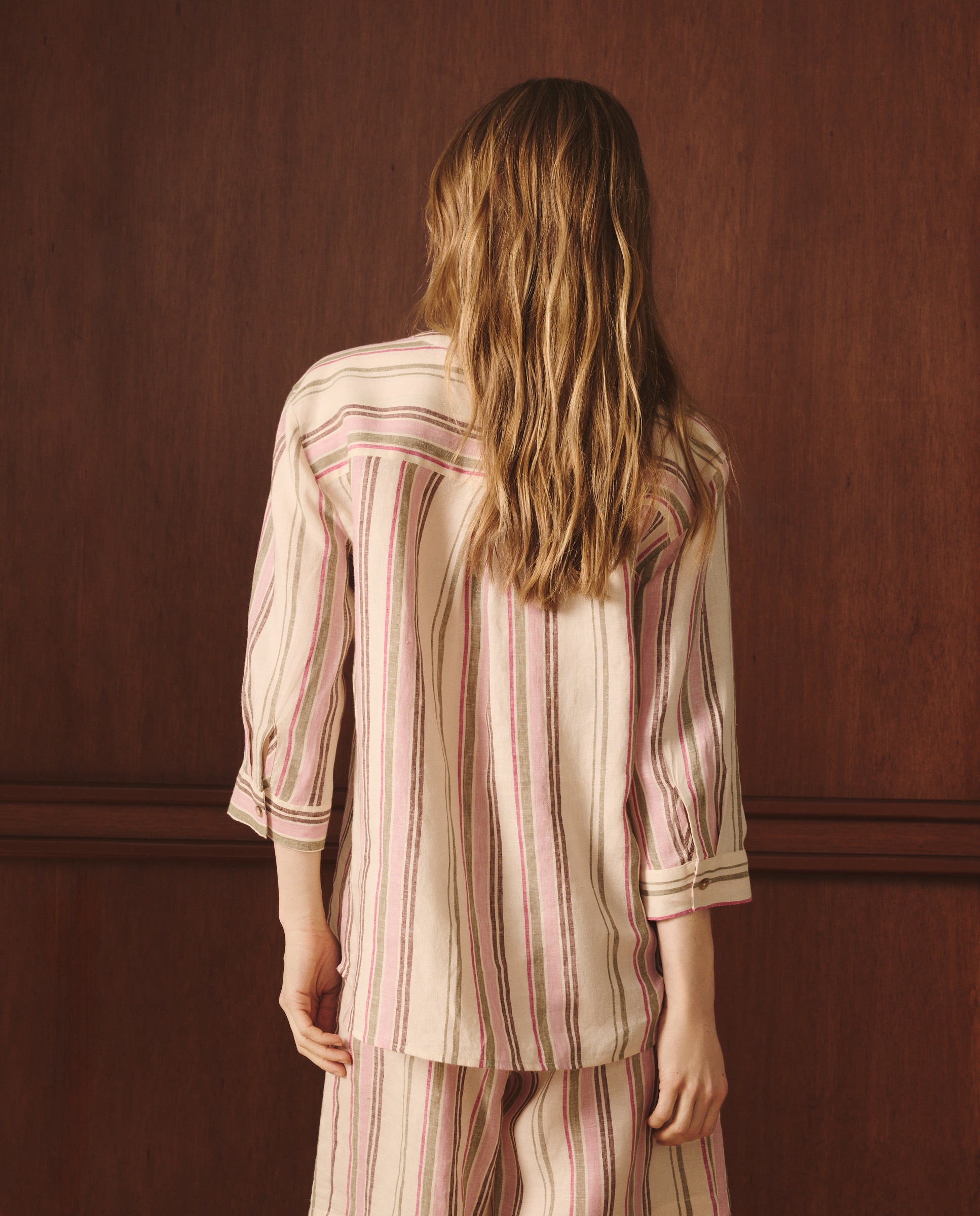 Blusa de Linho com Estampado às Riscas Branco-4