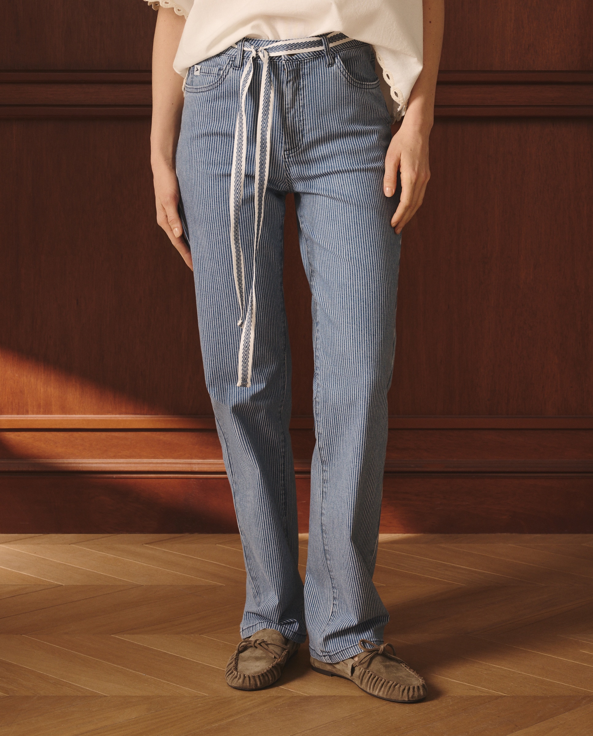 Jeans Straight às Riscas com Cinto Azul pálido-2