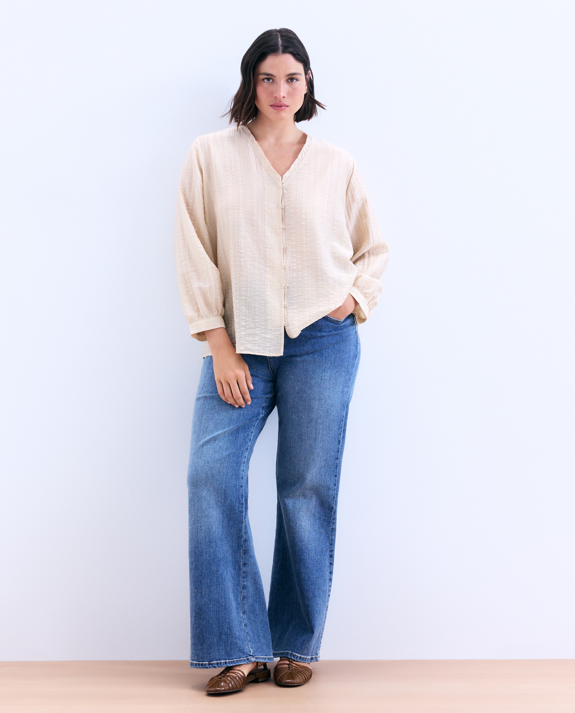 Blusa de Manga Comprida às Riscas com Cava Quadrada 850 Pedra-2