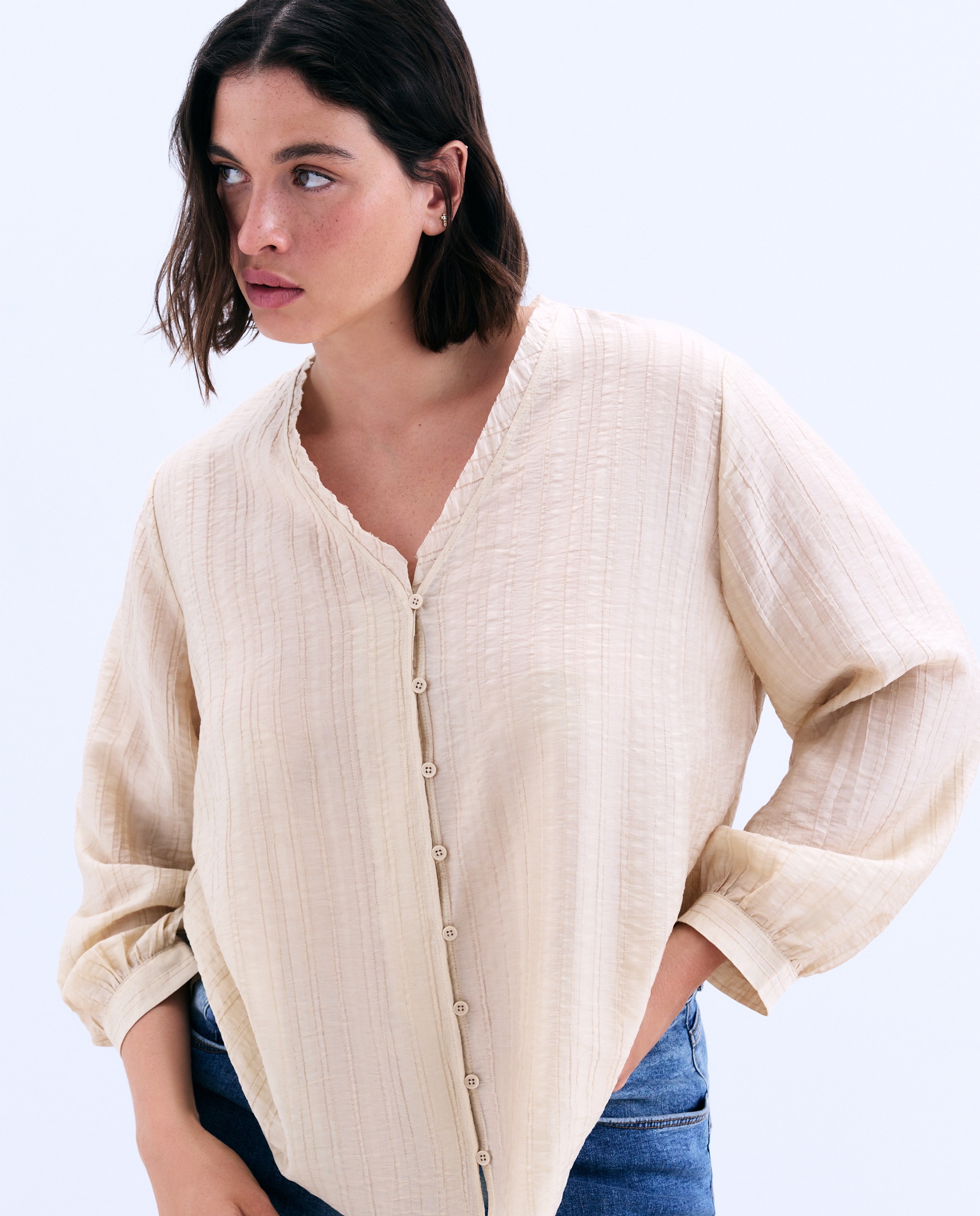Blusa de Manga Comprida às Riscas com Cava Quadrada 850 Pedra-4