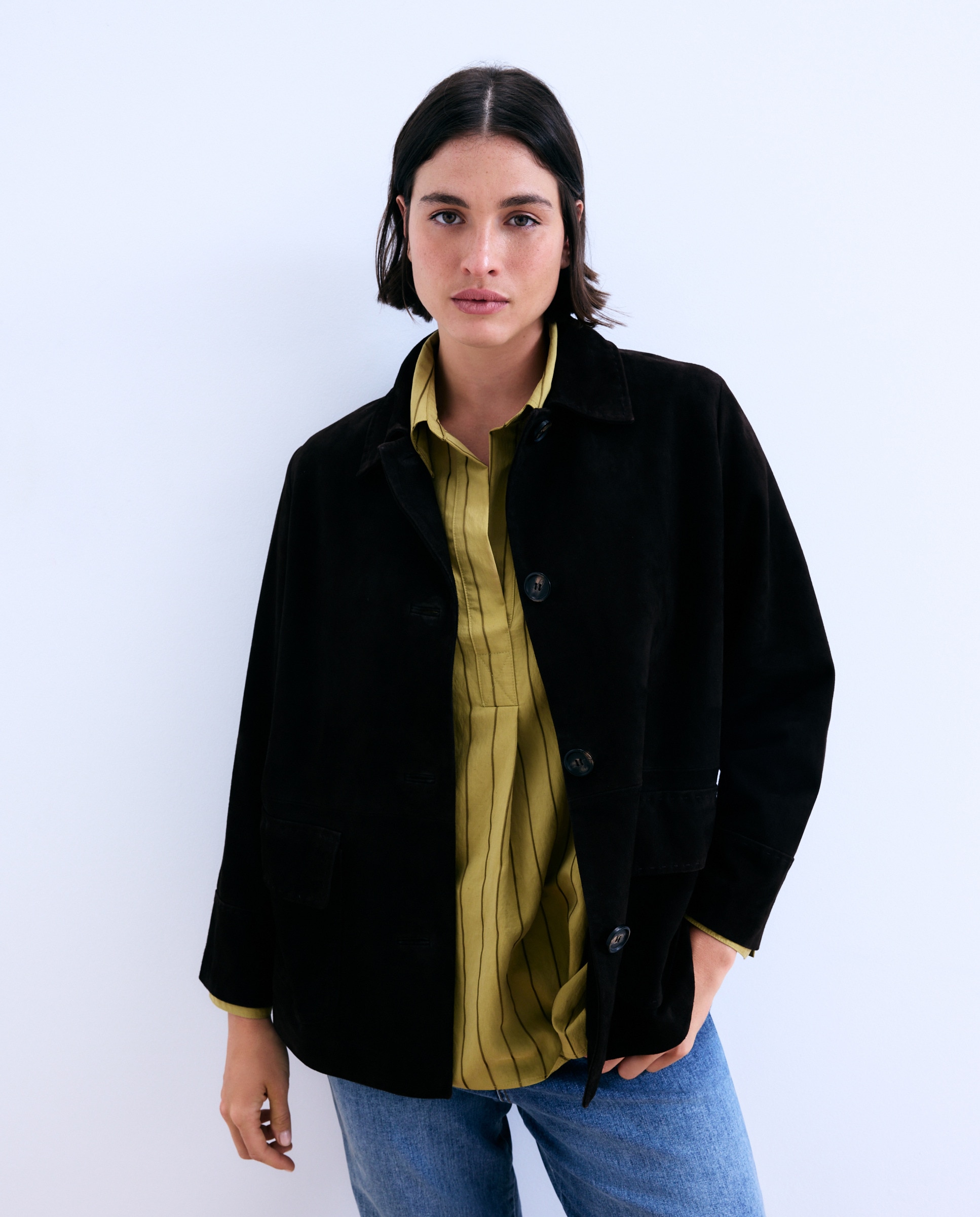 Casaco em Pele Tipo Camurça Castanho-2