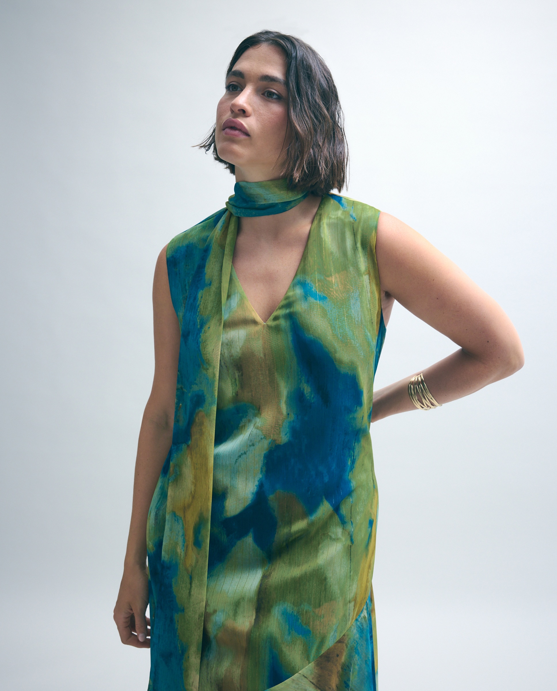 Vestido Halter de Chiffon sem Mangas e com Estampado Abstrato Verde-2