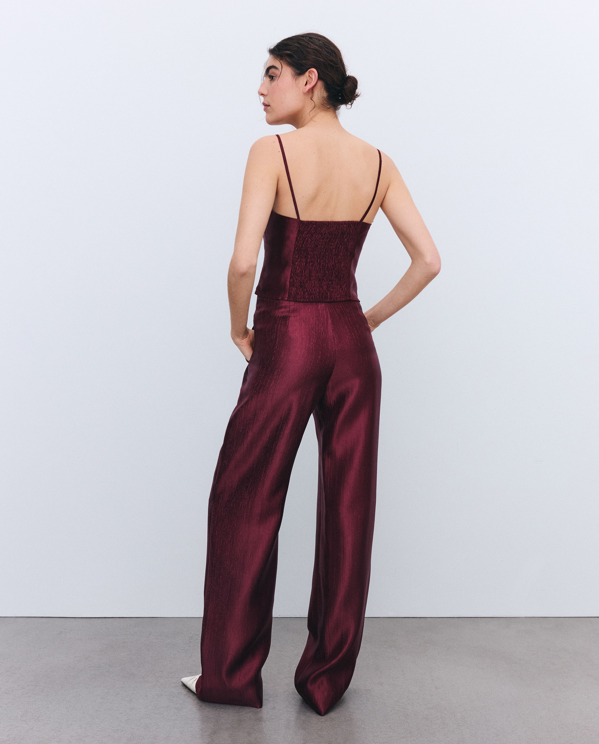 Calças Lisas com Efeito Enrugado Bordeaux-3