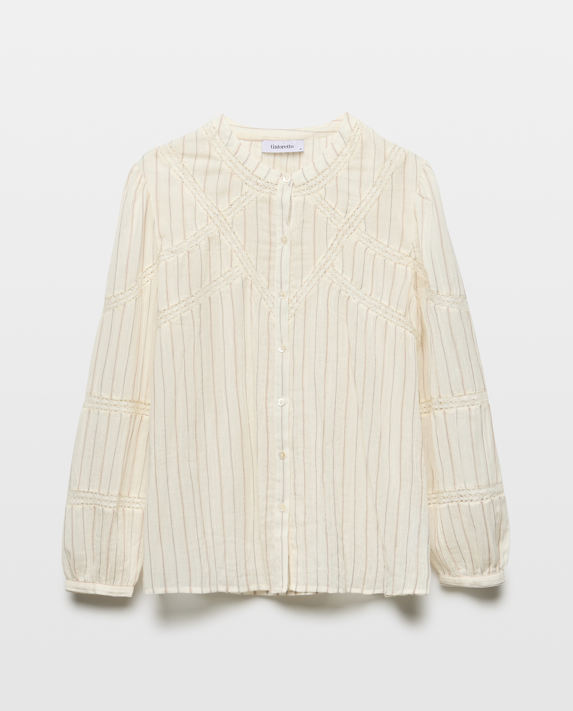 Blusa de Manga Comprida às Riscas com Renda Castanho-5