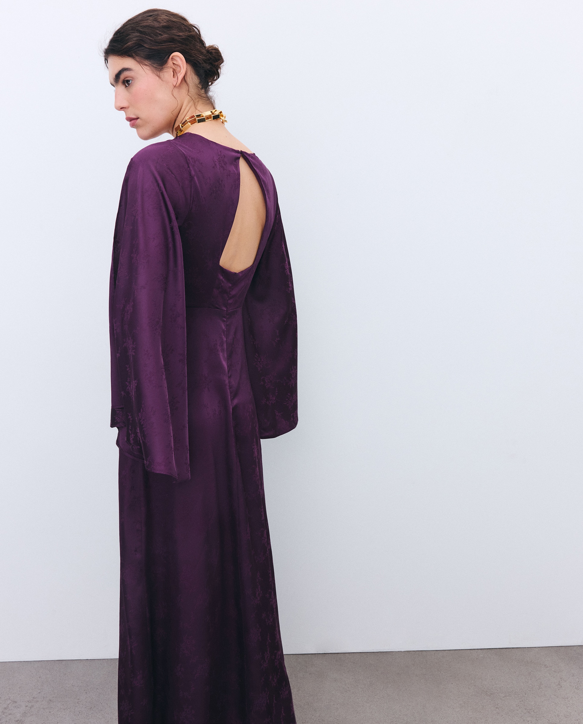 Vestido Jacquard com Manga Capa com Abertura Púrpura-3