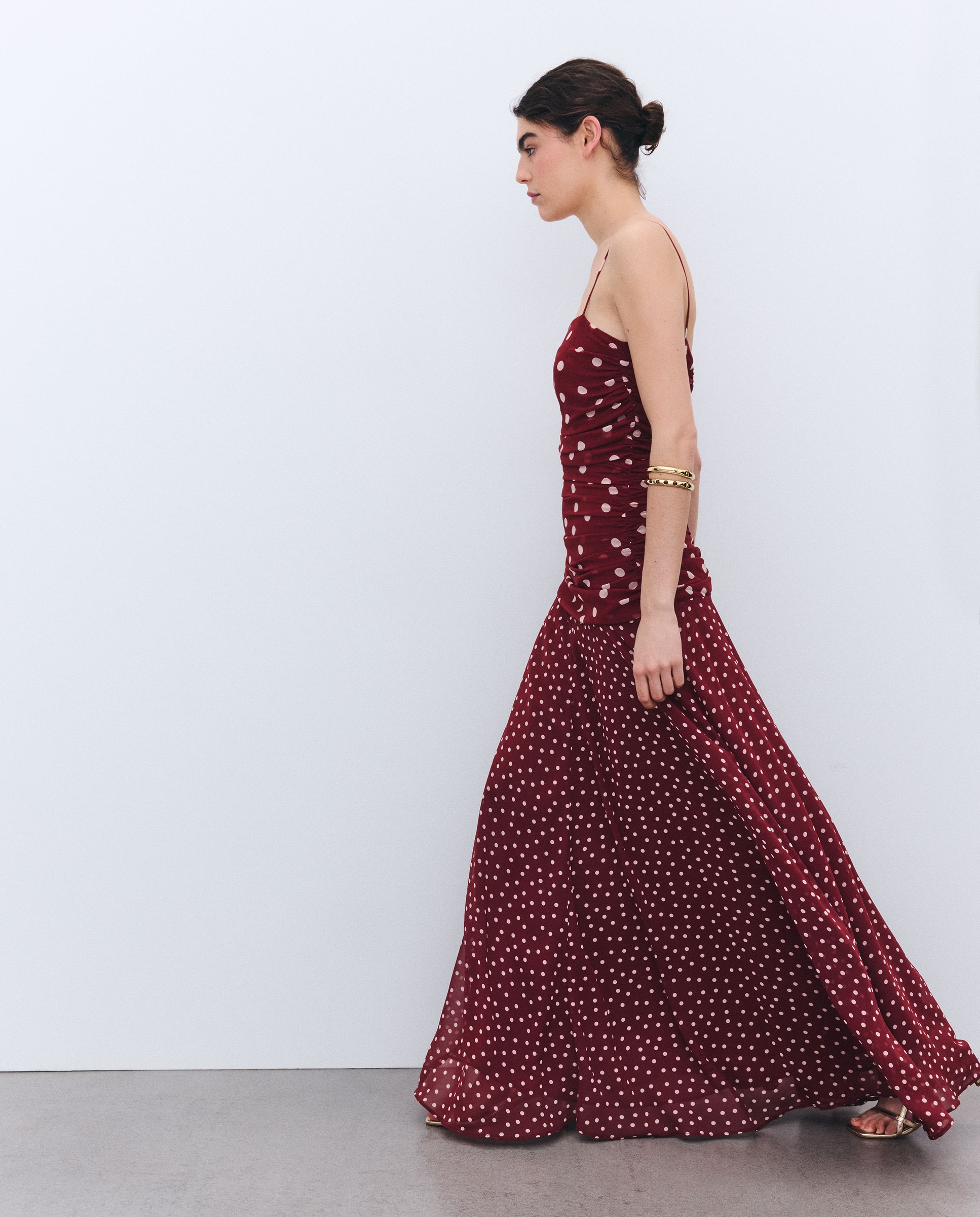 Vestido de Alças Drapeado com Cintura Baixa Bordeaux-2