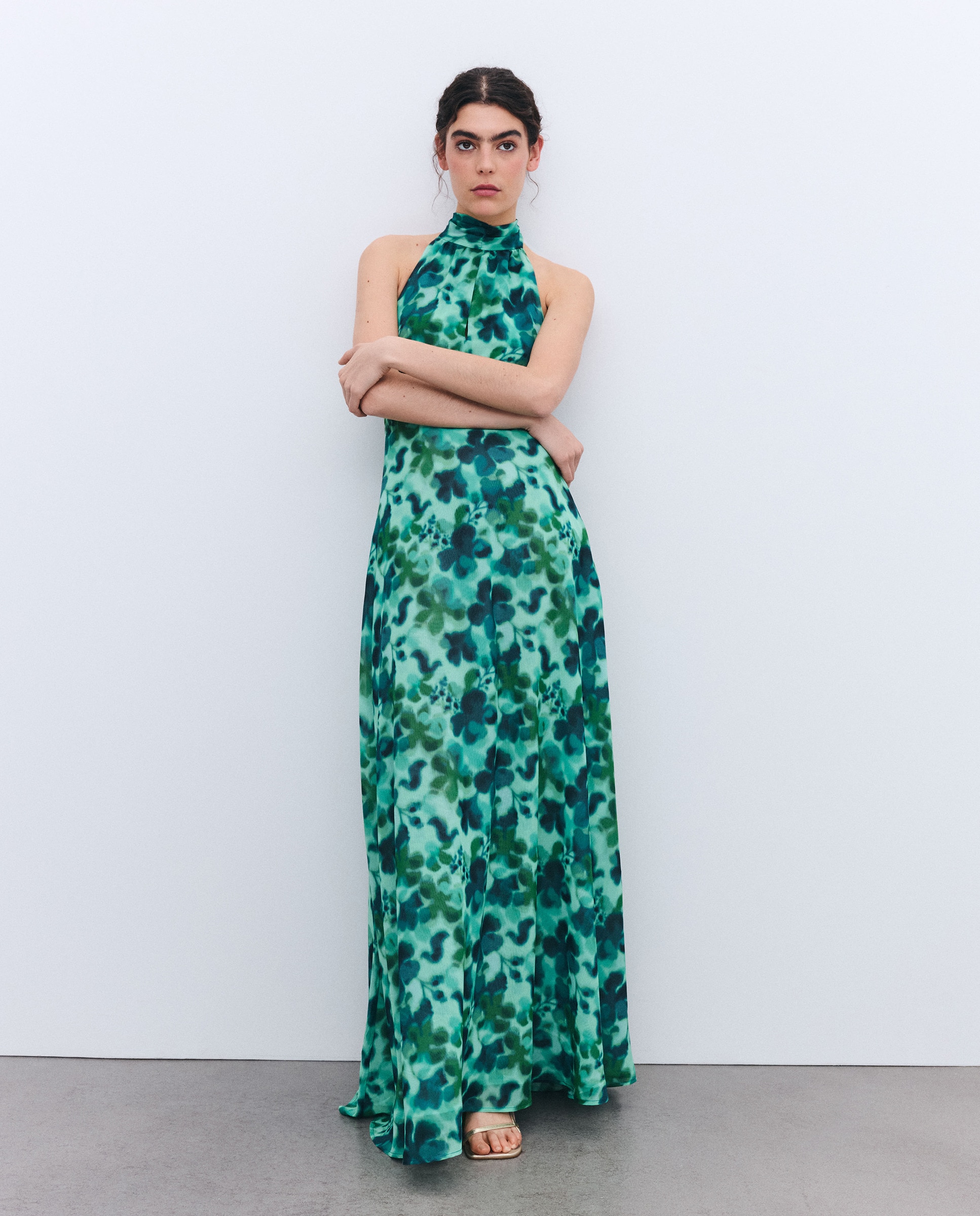 Vestido Comprido com Gola Comprida e Estampado Verde-3