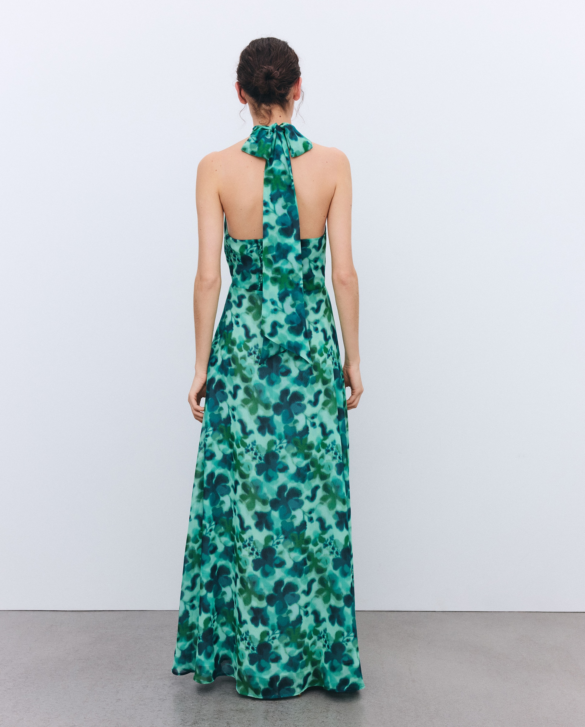 Vestido Comprido com Gola Comprida e Estampado Verde-4
