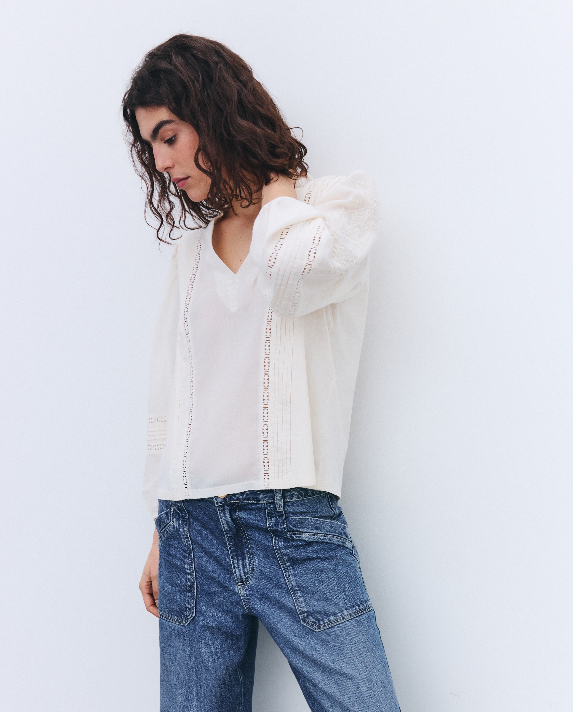 Blusa de Manga Comprida com Bordados Branco-marfim-2