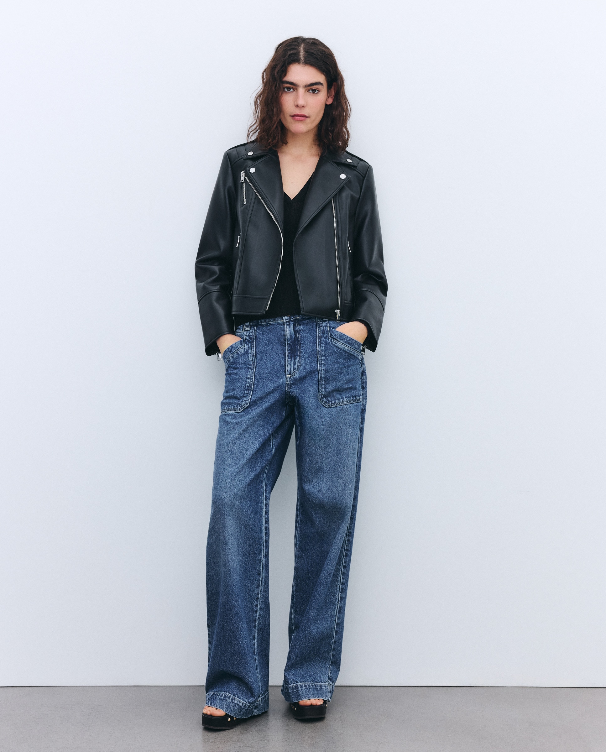 Cazadora biker de mujer con solapa efecto piel - Tintoretto - Negro Negro-3
