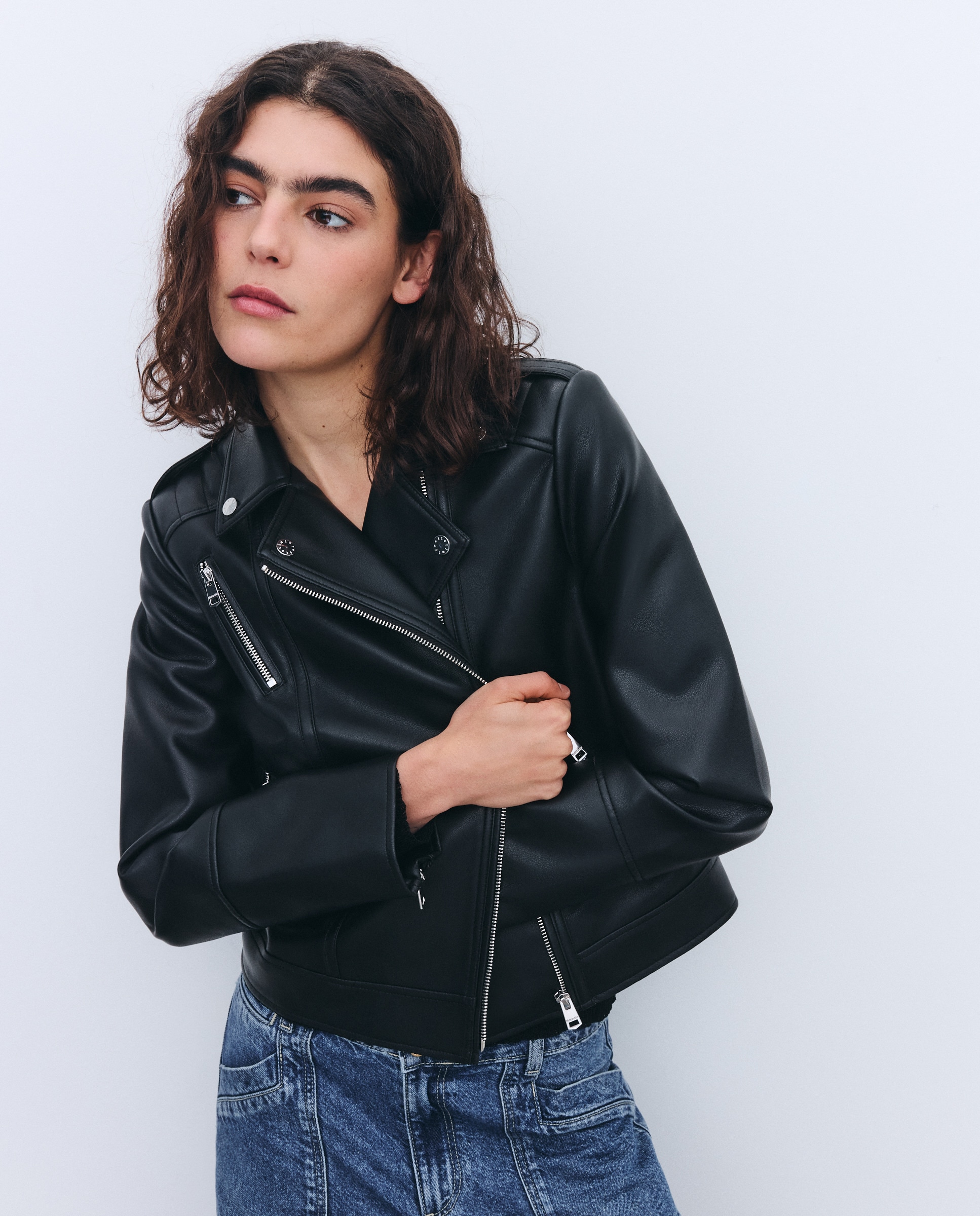 Cazadora biker de mujer con solapa efecto piel - Tintoretto - Negro Negro-1