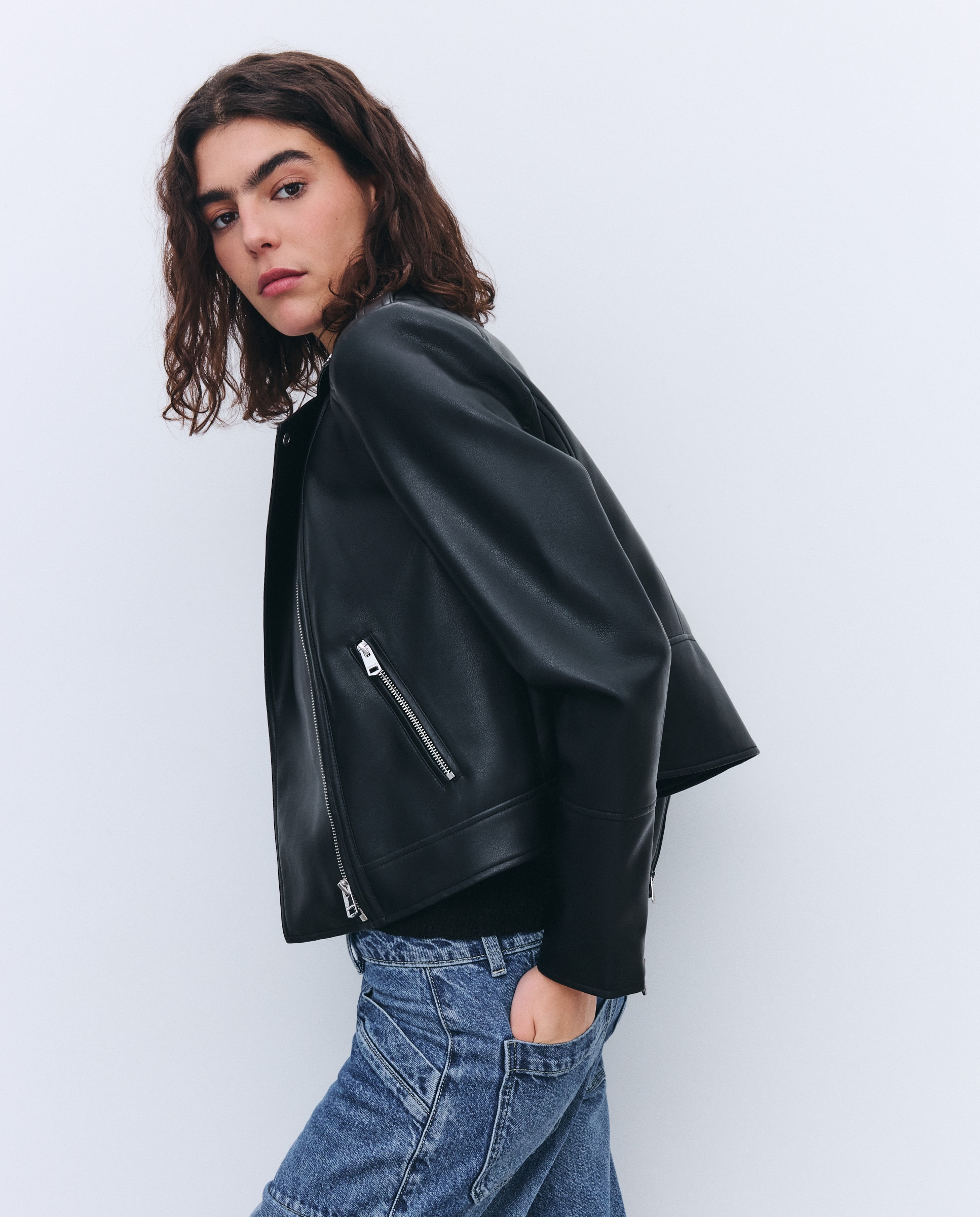 Cazadora biker de mujer con solapa efecto piel - Tintoretto - Negro Negro-4