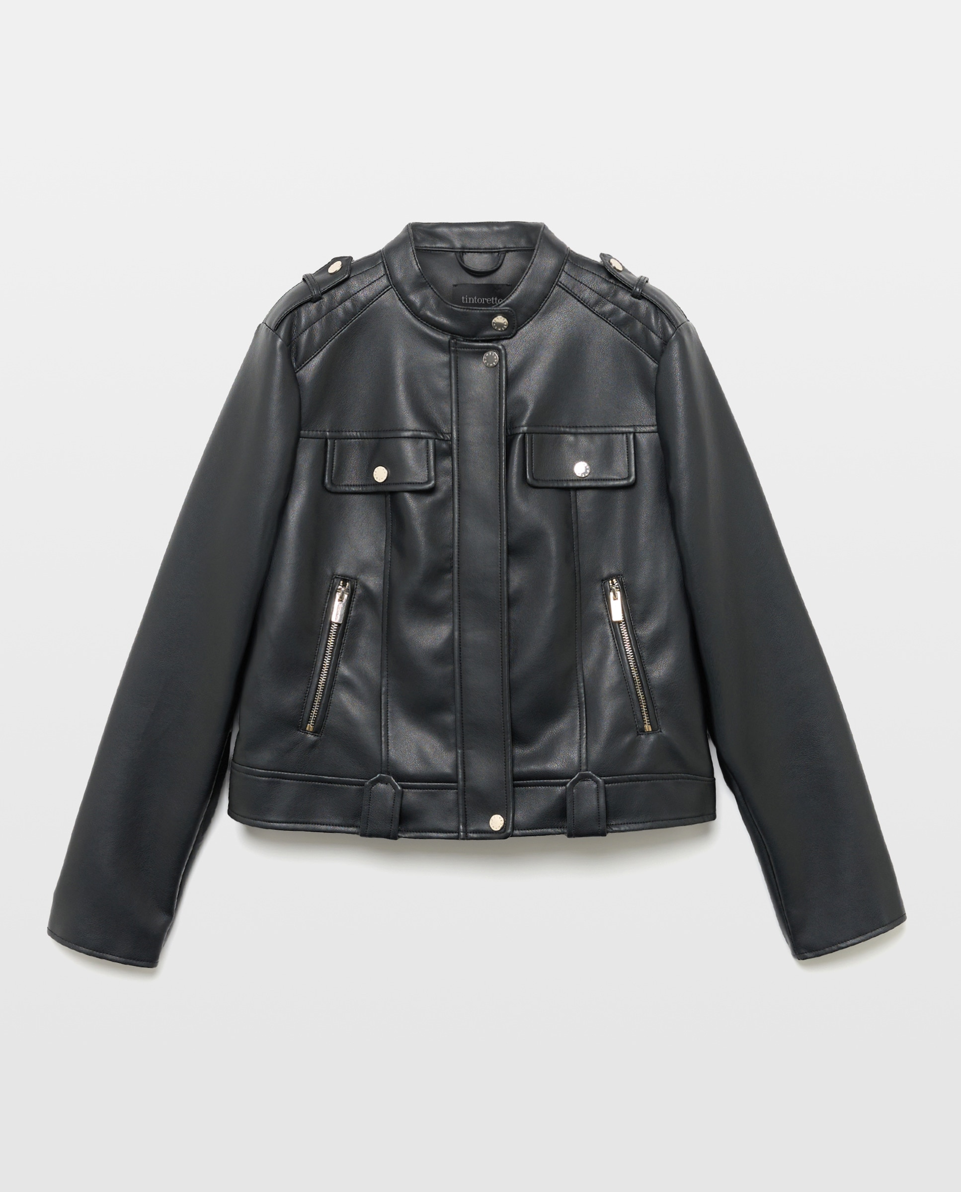 Blusão Biker com Efeito de Pele e Debruados Preto-5