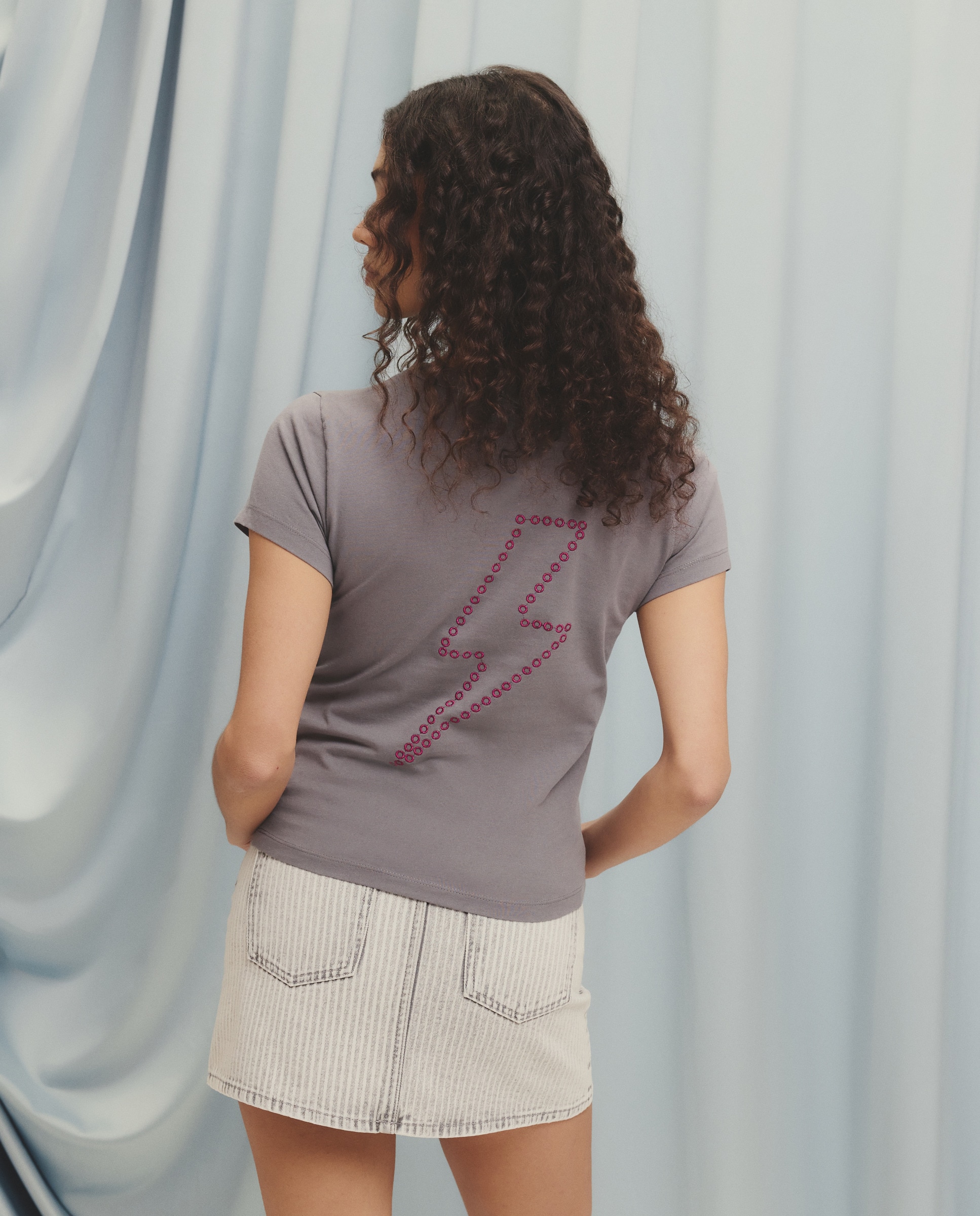 T-shirt de Manga Curta com Bordado de Fio Metalizado 820 Cinzento Médio-2