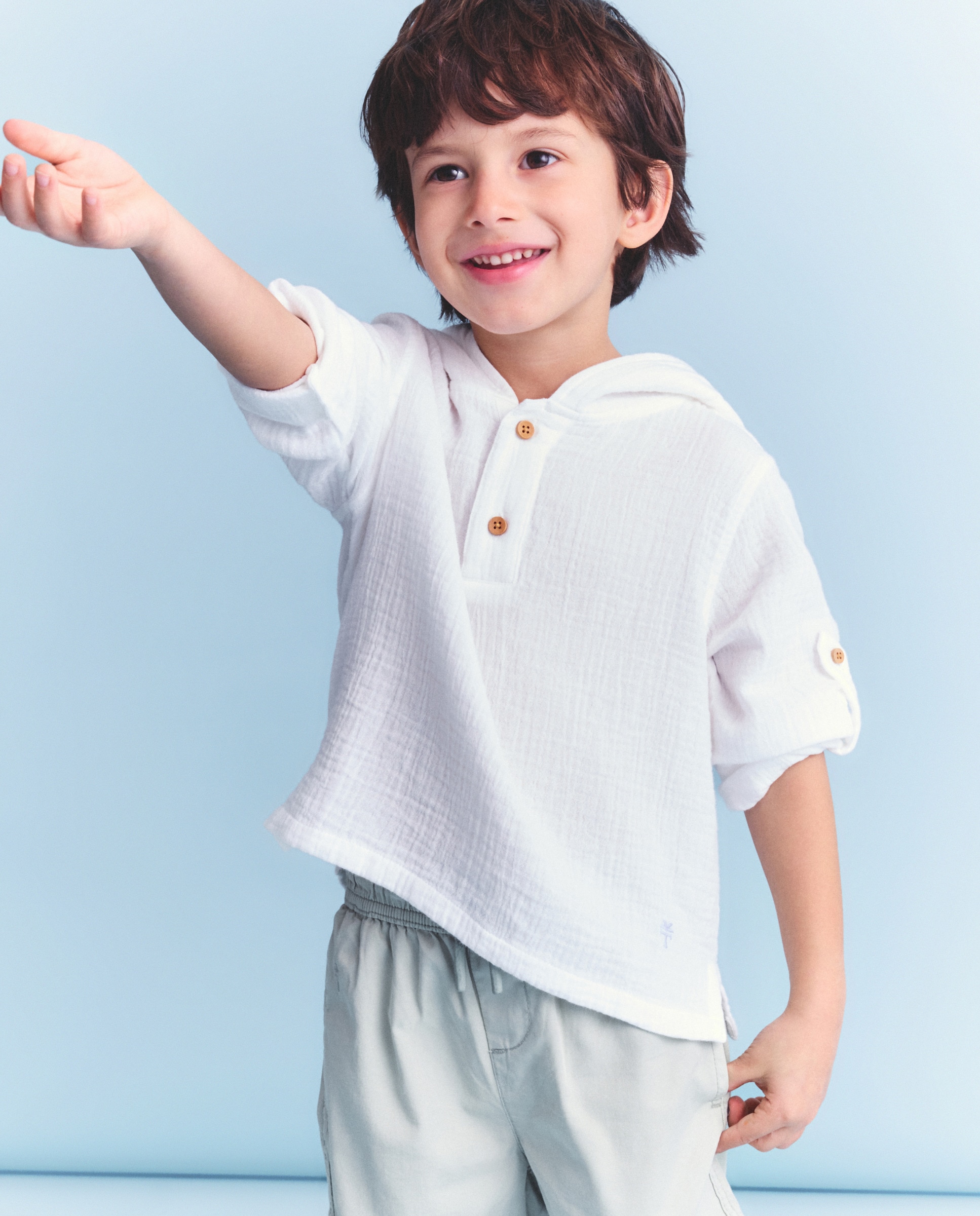 Camisa de Manga Comprida com Gola à Padre e Capuz de Chiffon Branco-1