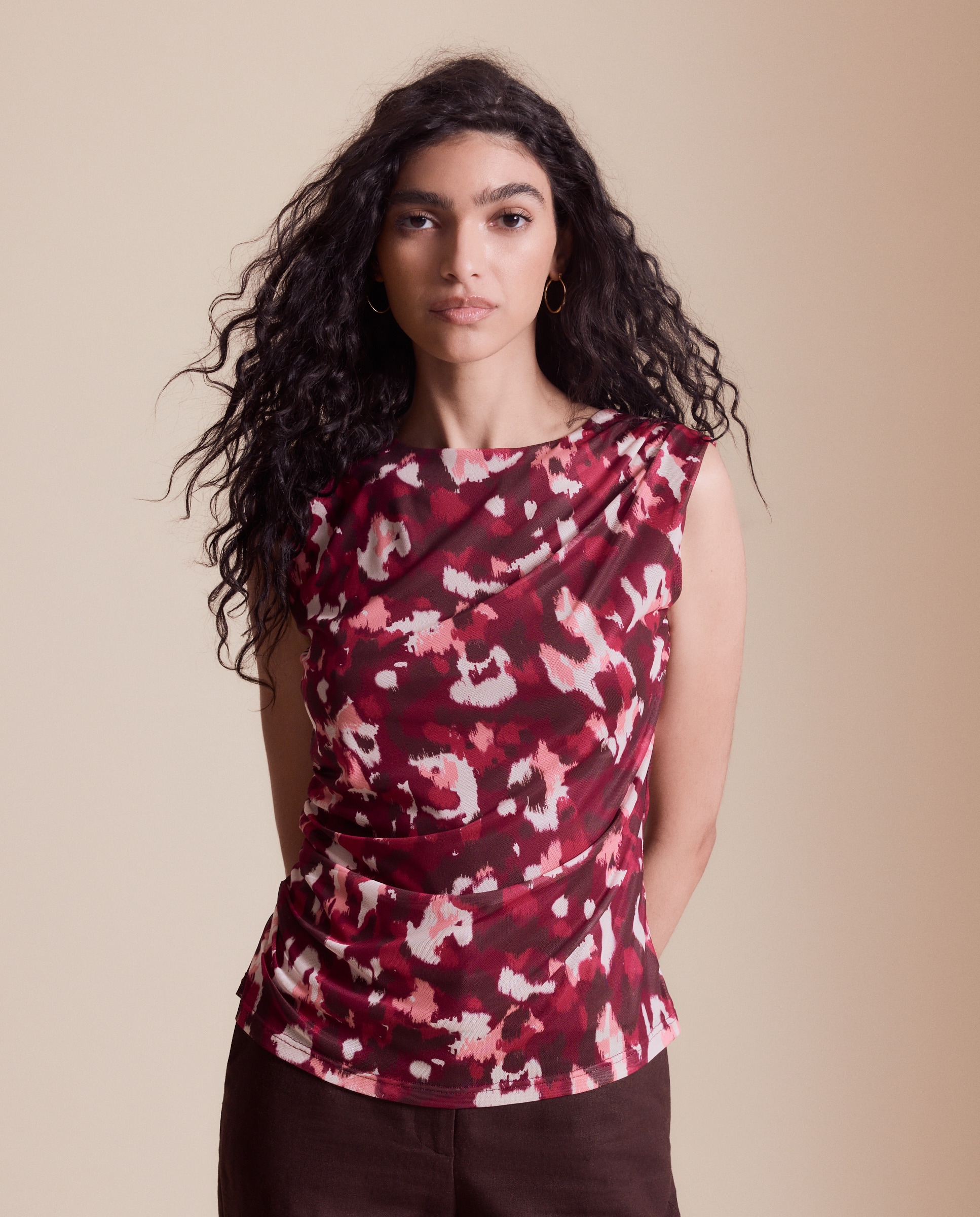 T-shirt de Tule Estampado com Franzidos Vermelho-2