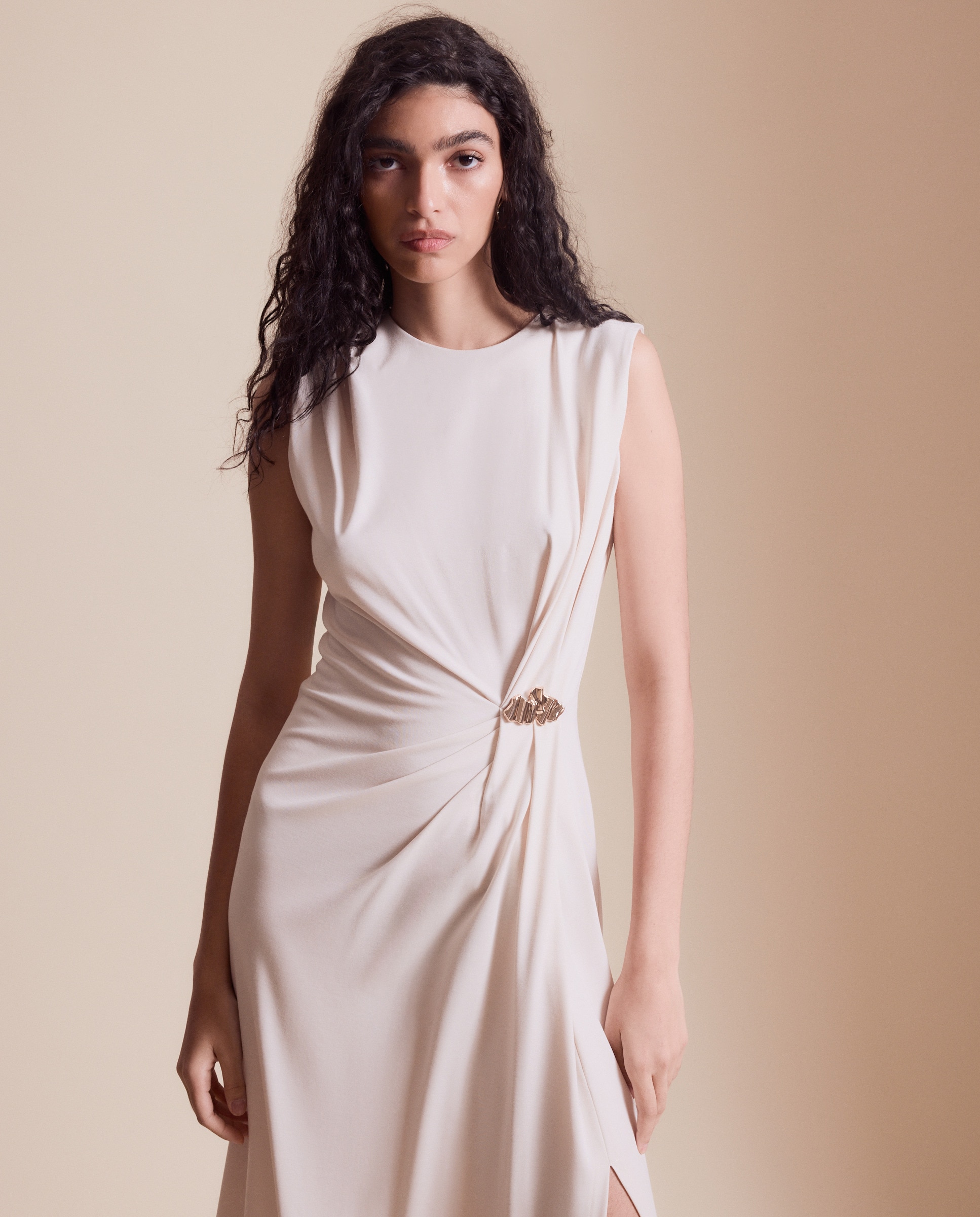 Vestido Midi sem Mangas com Pregadeira 130 Marfim-2