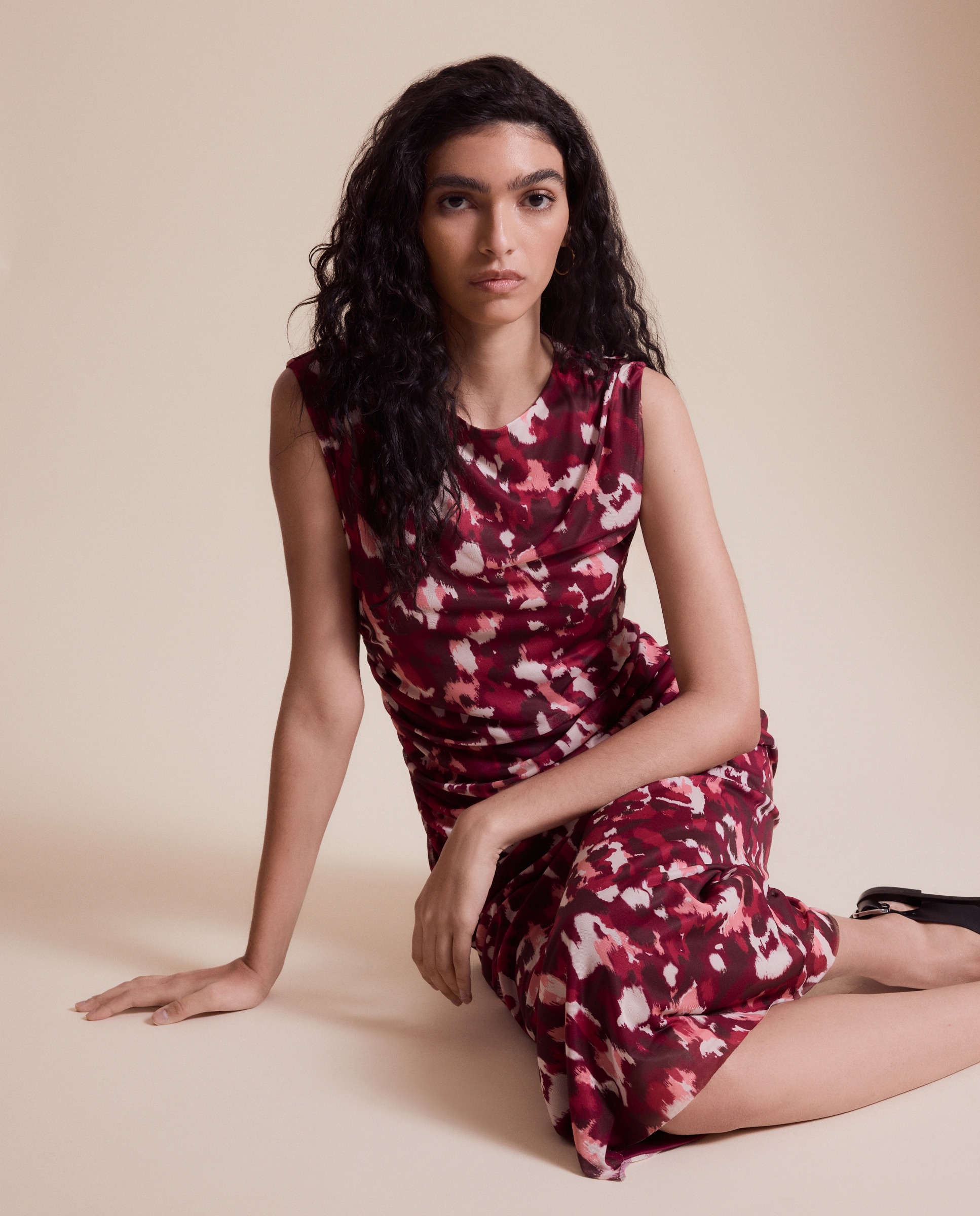 Vestido Comprido com Tule Estampado Vermelho-2