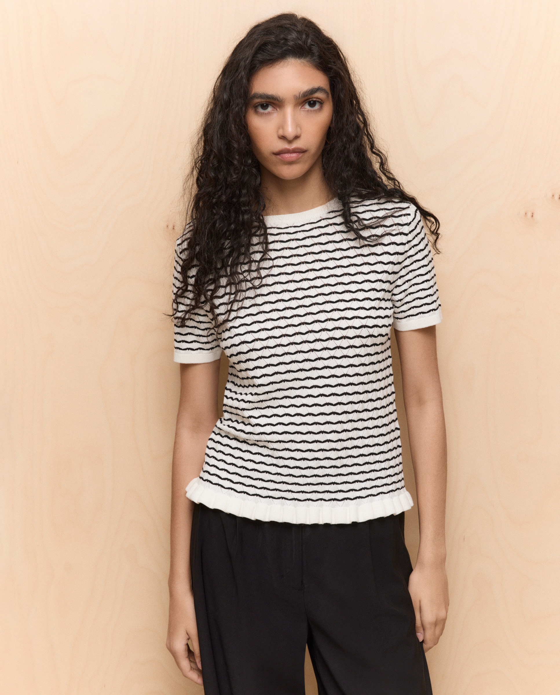 Camisola de Malha com Manga Curta e Estrutura Branco-marfim-2