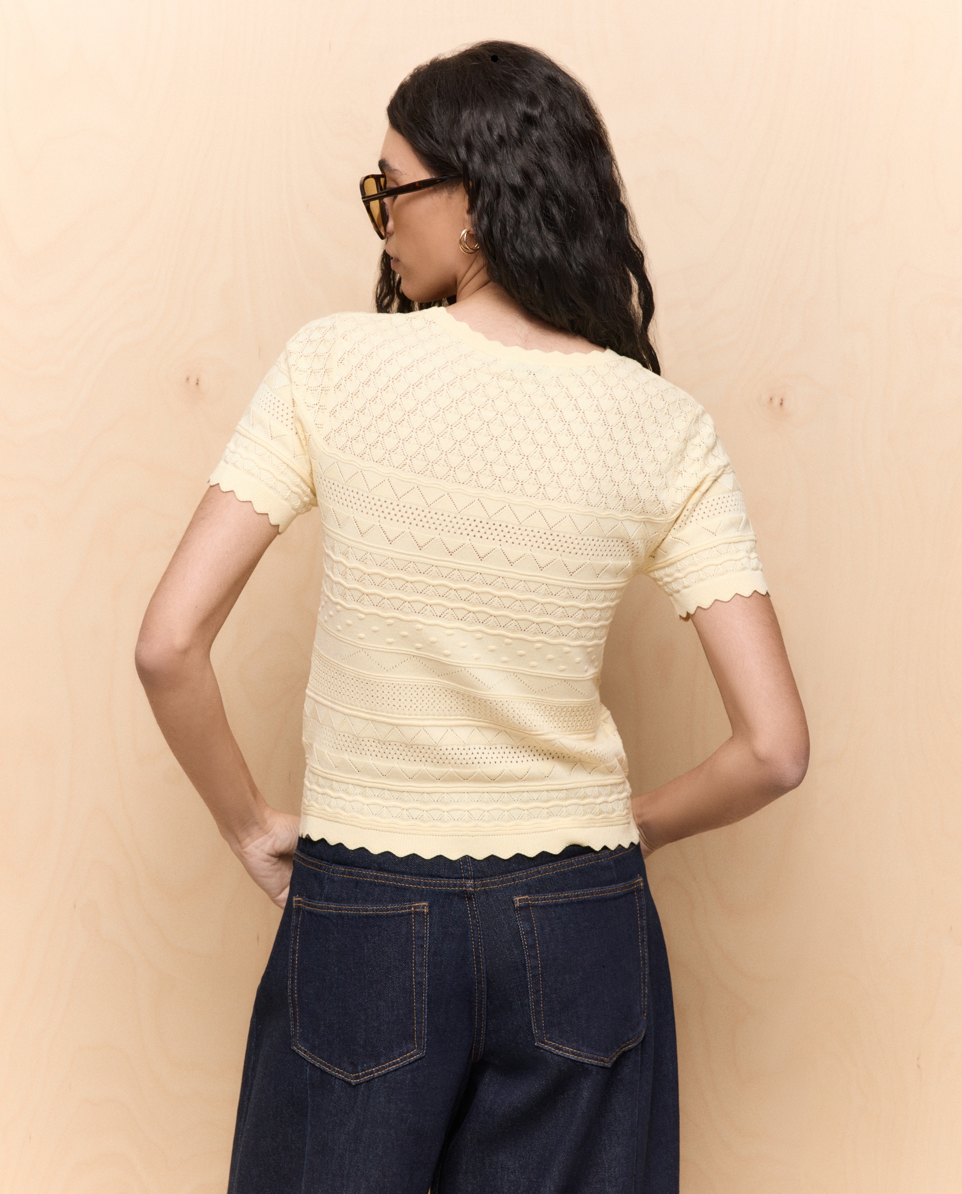 Camisola de Malha com Manga Curta e Rendilhados Amarelo-limão-3