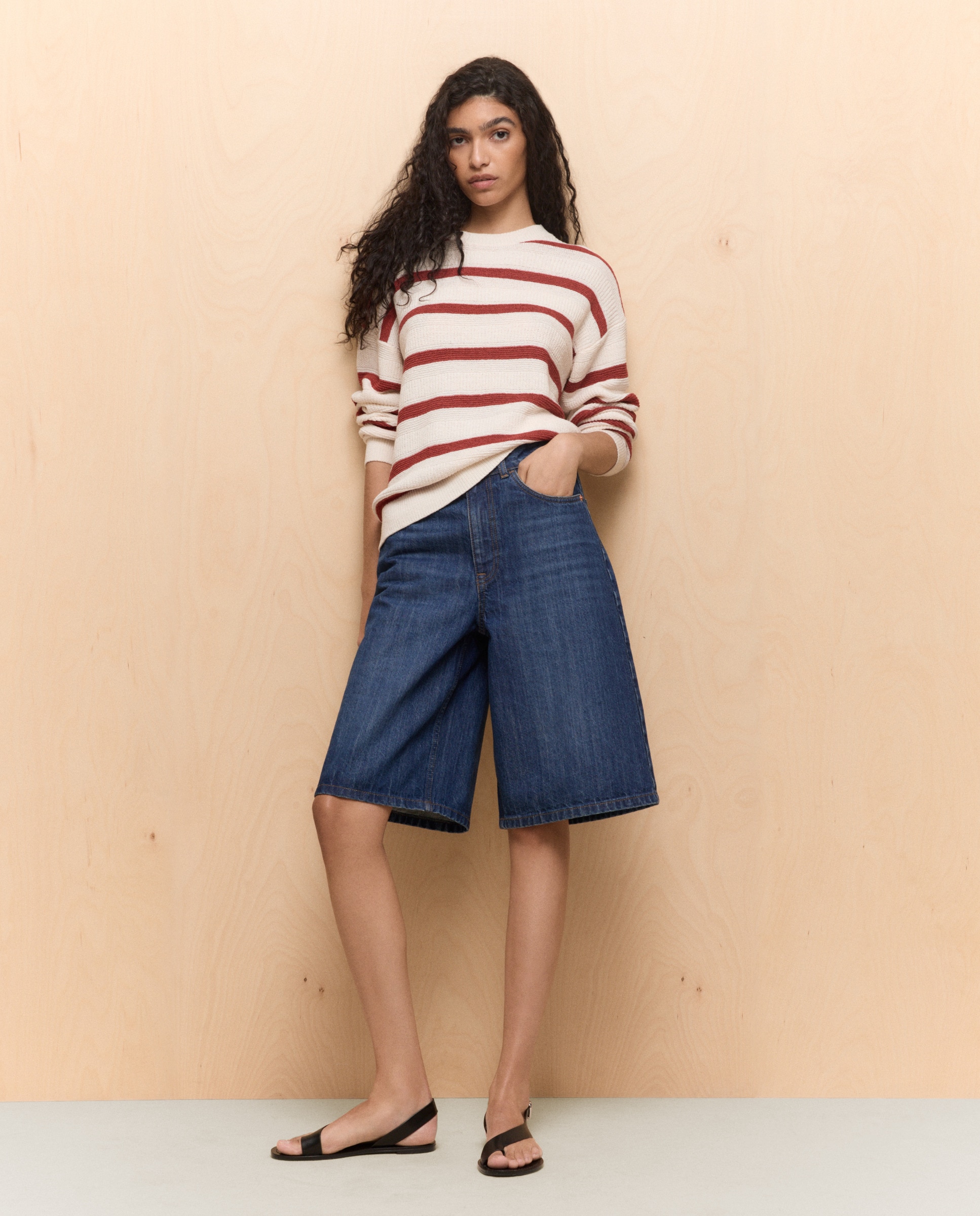 Camisola de Malha de Manga Comprida com Decote à Barco e Microfita às Riscas Vermelho-1