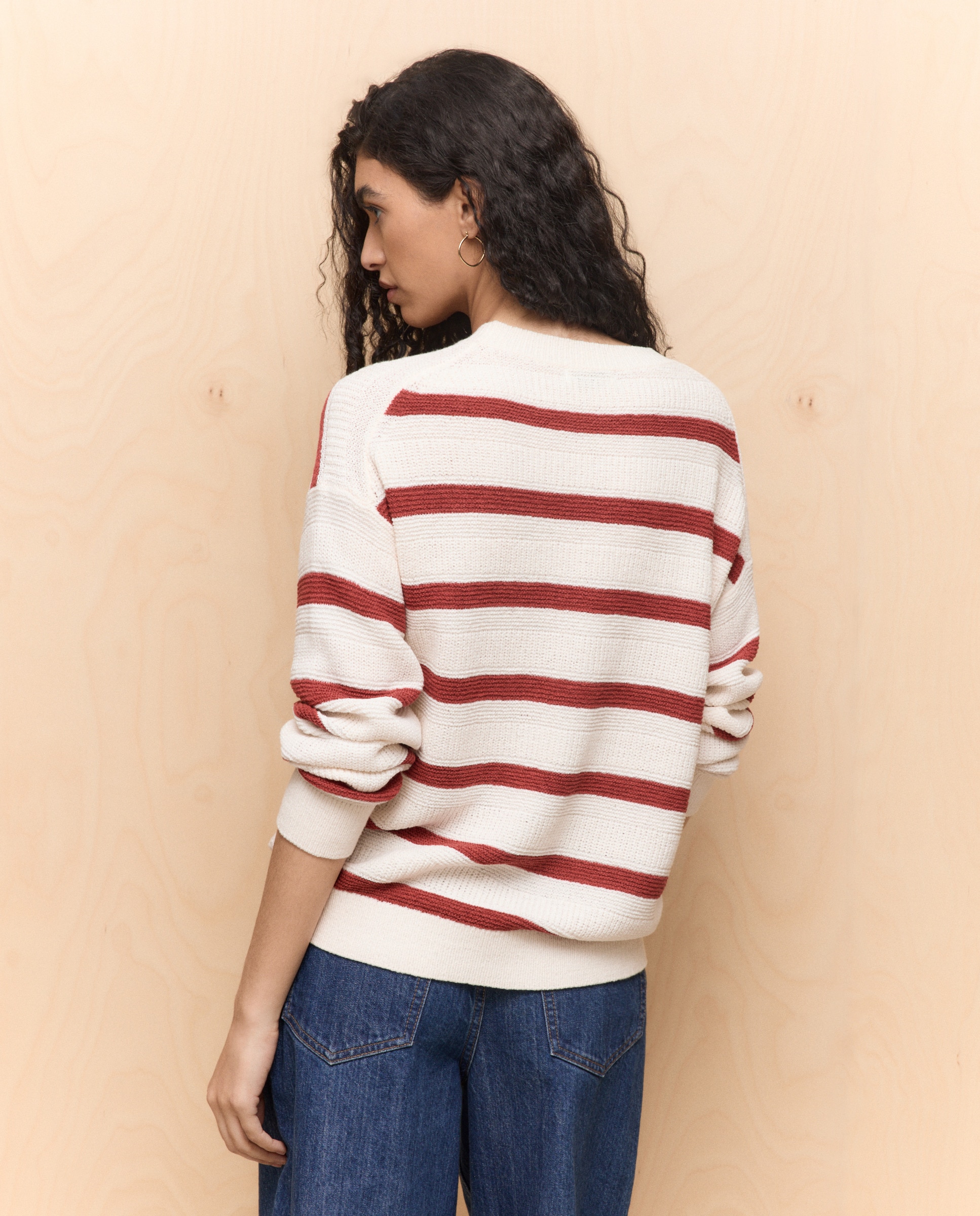 Camisola de Malha de Manga Comprida com Decote à Barco e Microfita às Riscas Vermelho-3