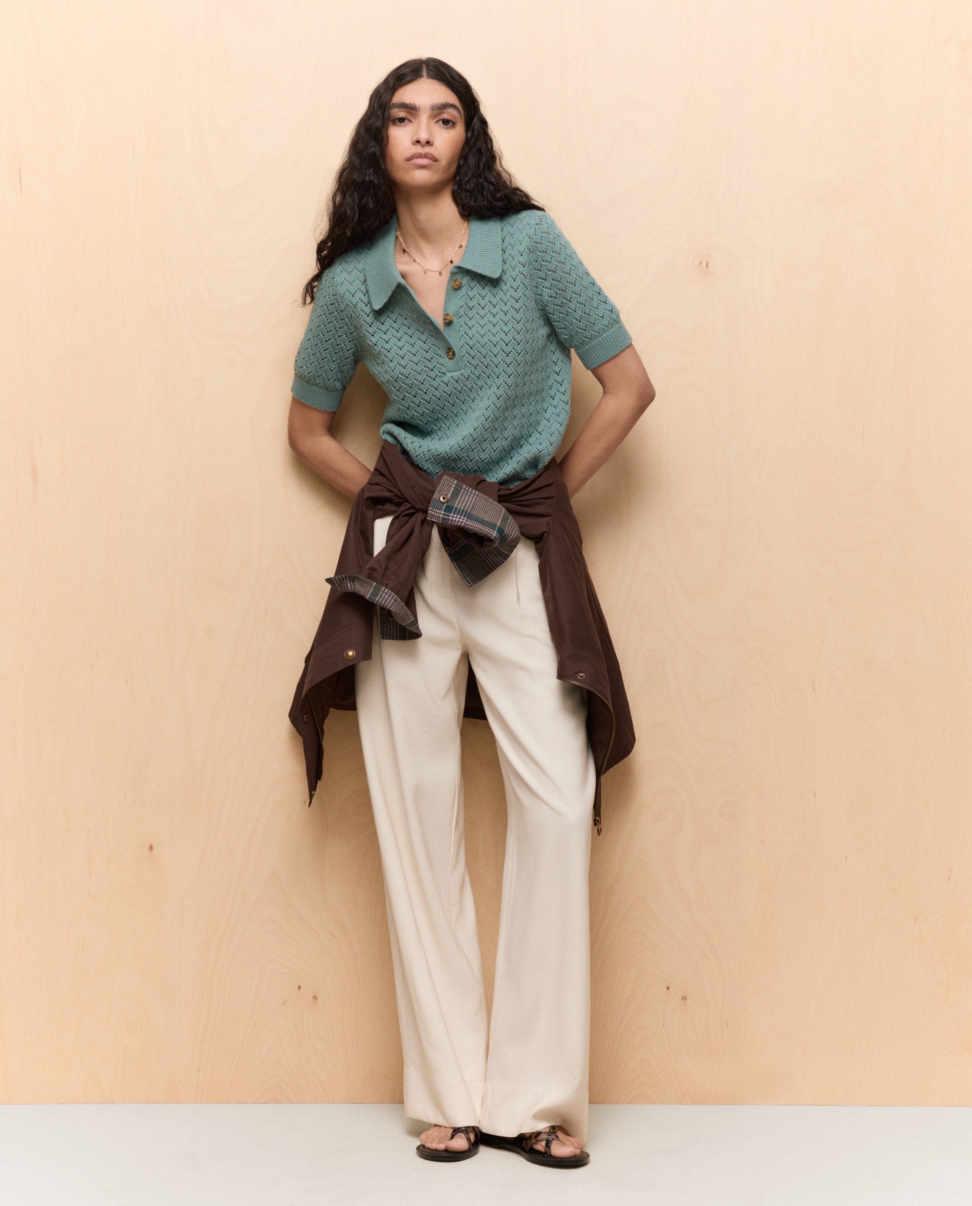 Camisola de Malha com Colarinho de Polo com Rendilhados Sabão-2