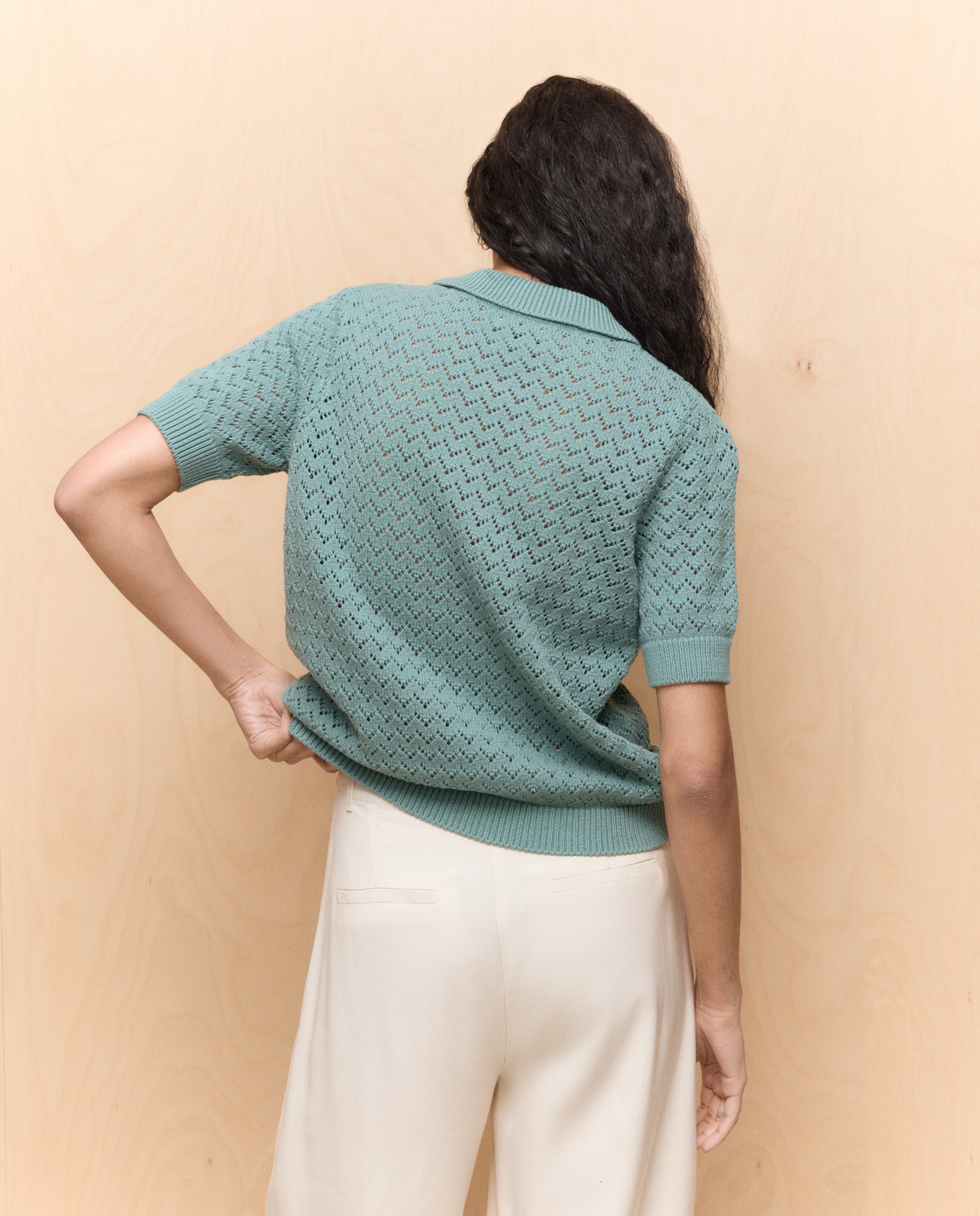 Camisola de Malha com Colarinho de Polo com Rendilhados Sabão-3