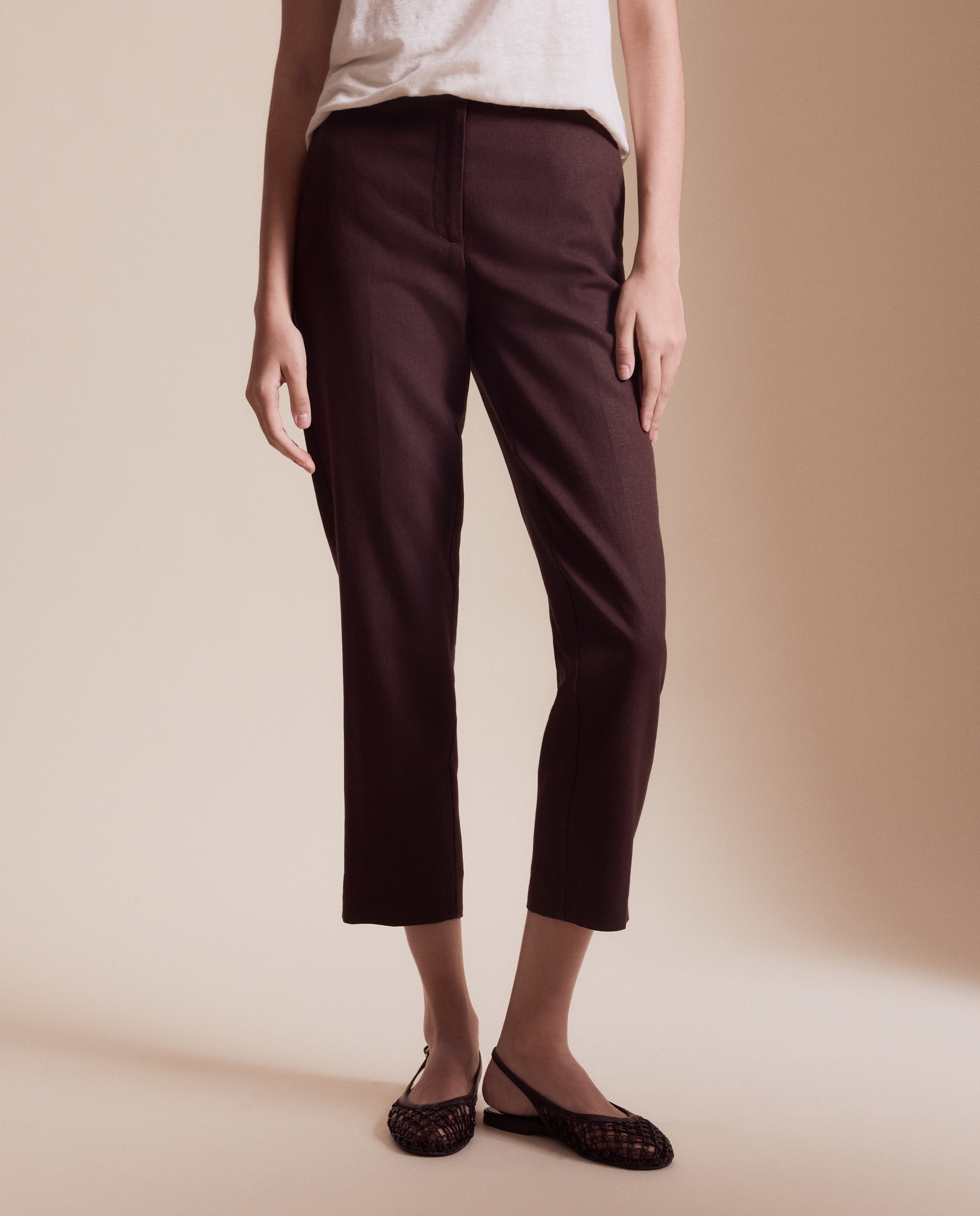 Calças pelo Tornozelo de Linho Chocolate-2