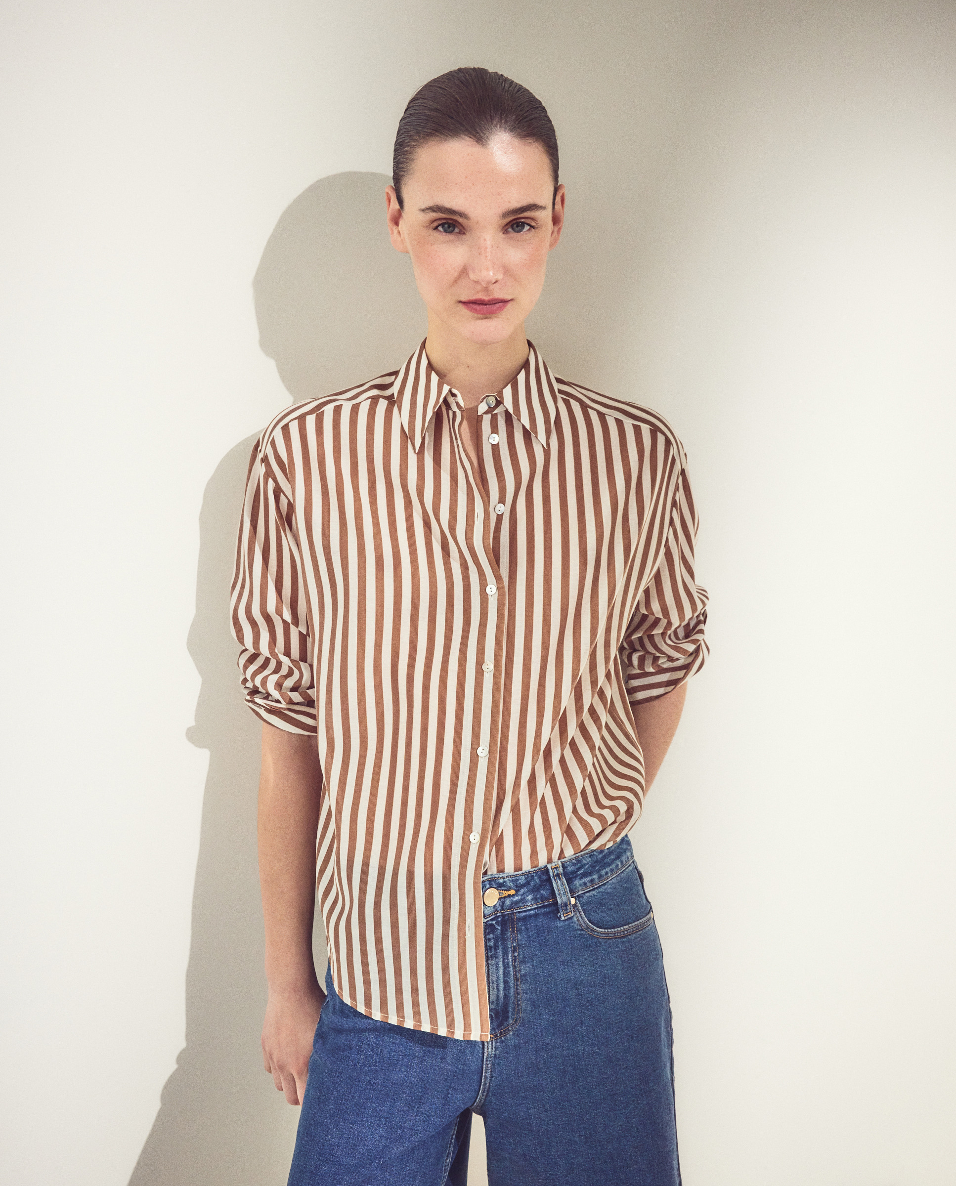 Blusa de Manga Comprida e Estampado às Riscas Branco-1