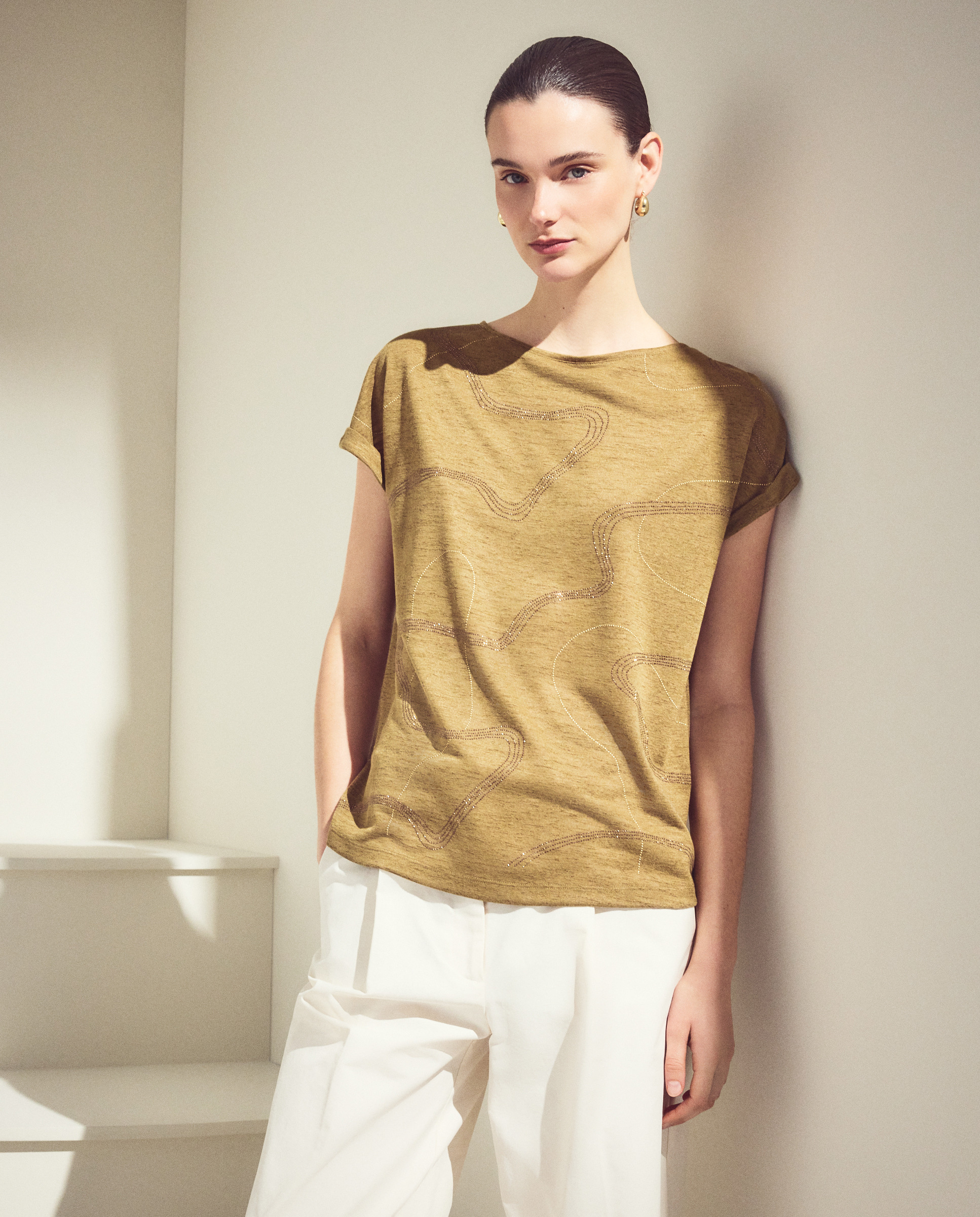 T-shirt com Tachas e Cordas 520 Caqui-1
