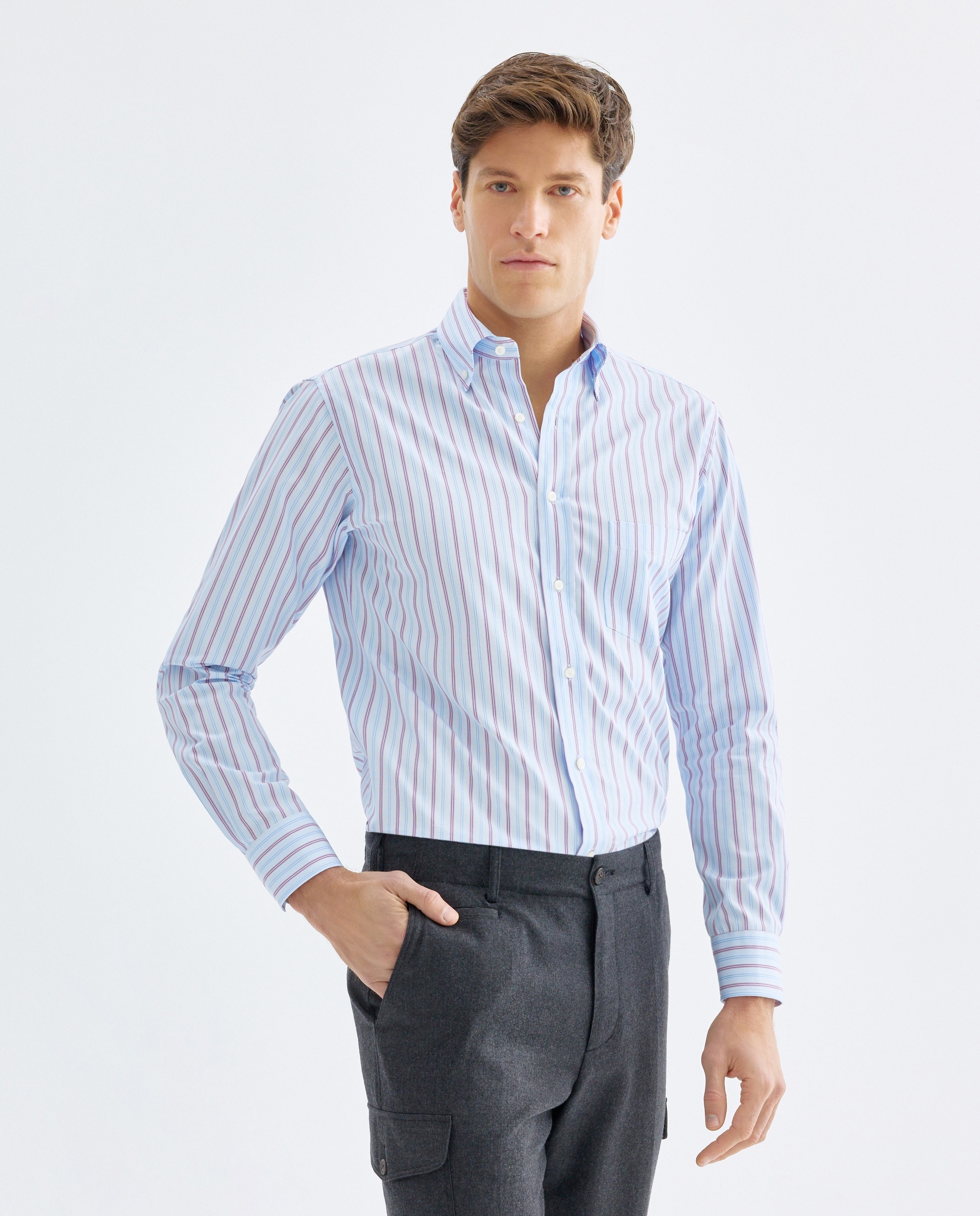 Camisa Casual às Riscas com Manga Comprida Azul-claro-1