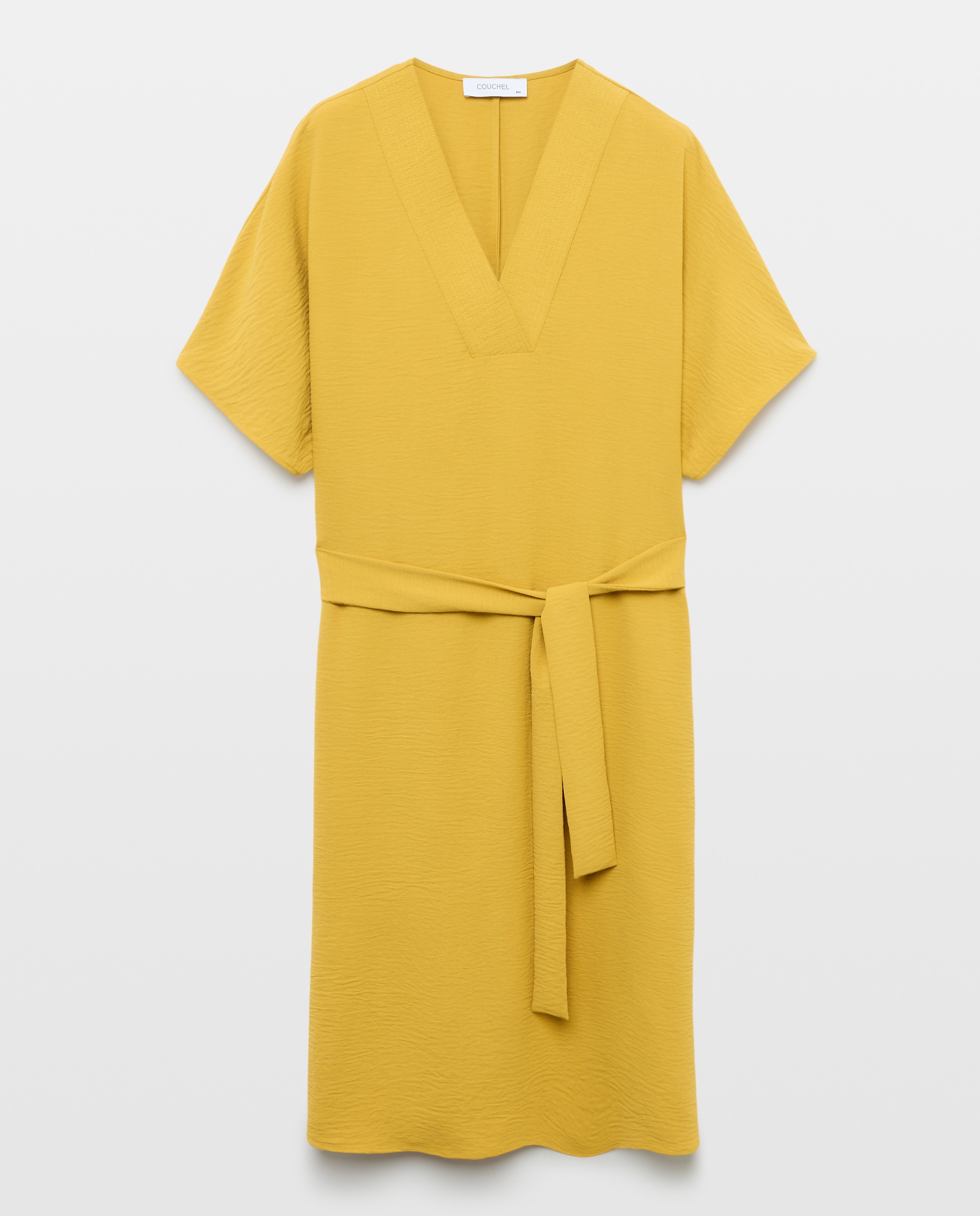 Vestido Midi Drapeado sem Mangas Mostarda-4