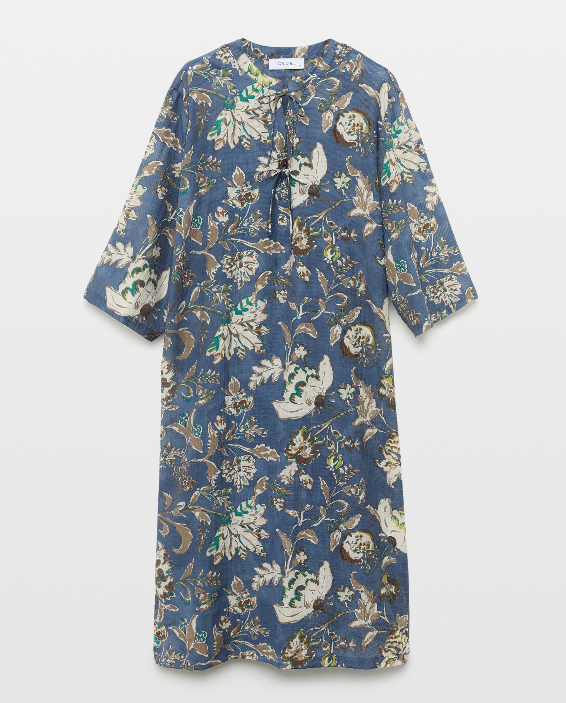 Vestido de Manga Curta com Decote em Bico e Estampado Floral Azul-4