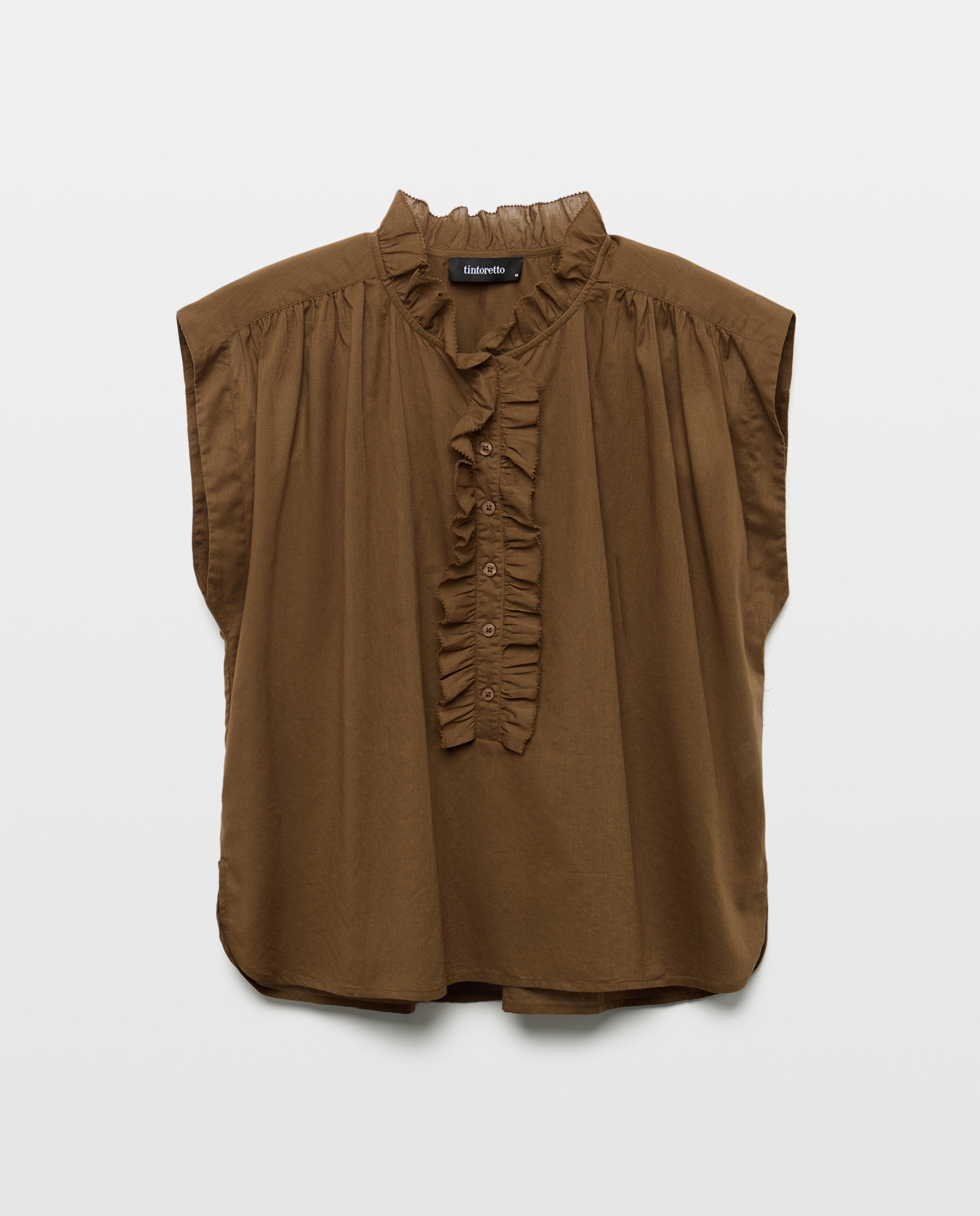 Blusa sem Mangas com Folho na Gola e Carcela Castanho-5